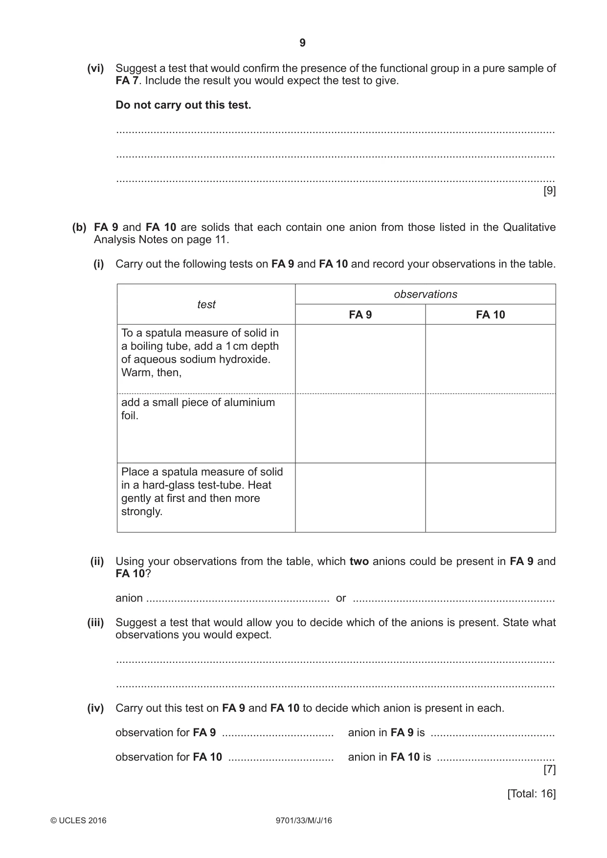Cambridge A Level Chemistry 9701 2016 May/June Paper 3 · Variant 3 question paper, page 9 of 12