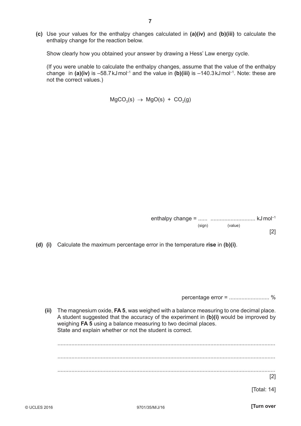 Cambridge A Level Chemistry 9701 2016 May/June Paper 3 · Variant 5 question paper, page 7 of 16