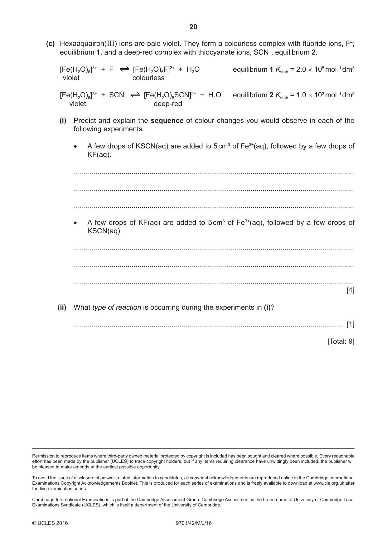 Cambridge A Level Chemistry 9701 2016 May/June Paper 4 · Variant 2 question paper, page 20 of 20