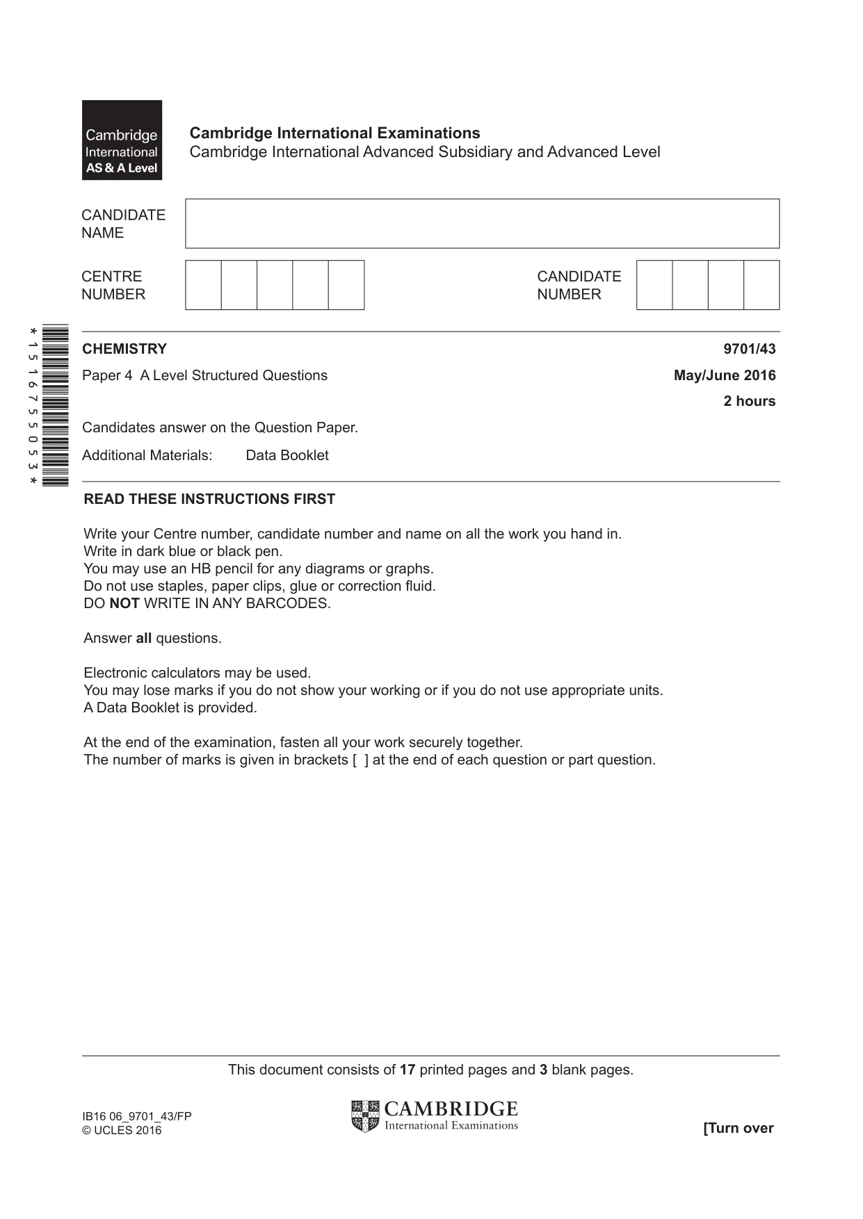 Cambridge A Level Chemistry 9701 2016 May/June Paper 4 · Variant 3 question paper, page 1 of 20