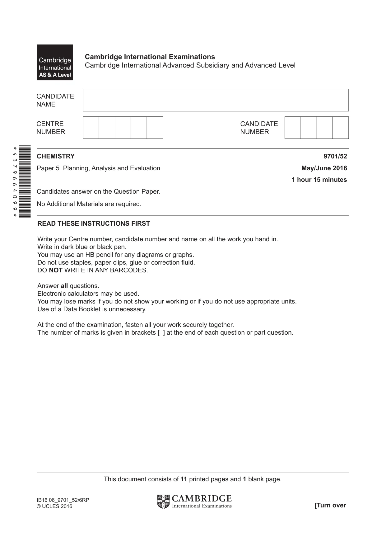 Cambridge A Level Chemistry 9701 2016 May/June Paper 5 · Variant 2 question paper, page 1 of 12
