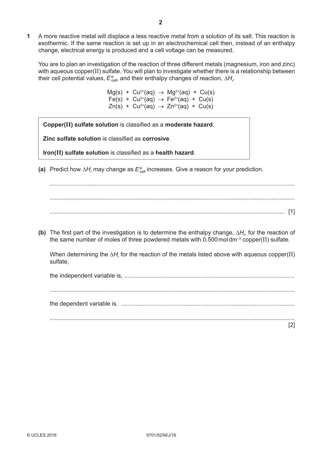 Cambridge A Level Chemistry 9701 2016 May/June Paper 5 · Variant 2 question paper, page 2 of 12