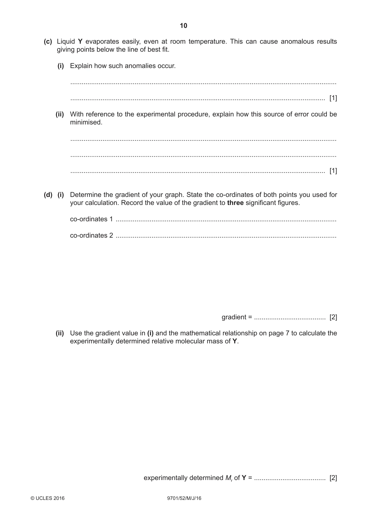 Cambridge A Level Chemistry 9701 2016 May/June Paper 5 · Variant 2 question paper, page 10 of 12