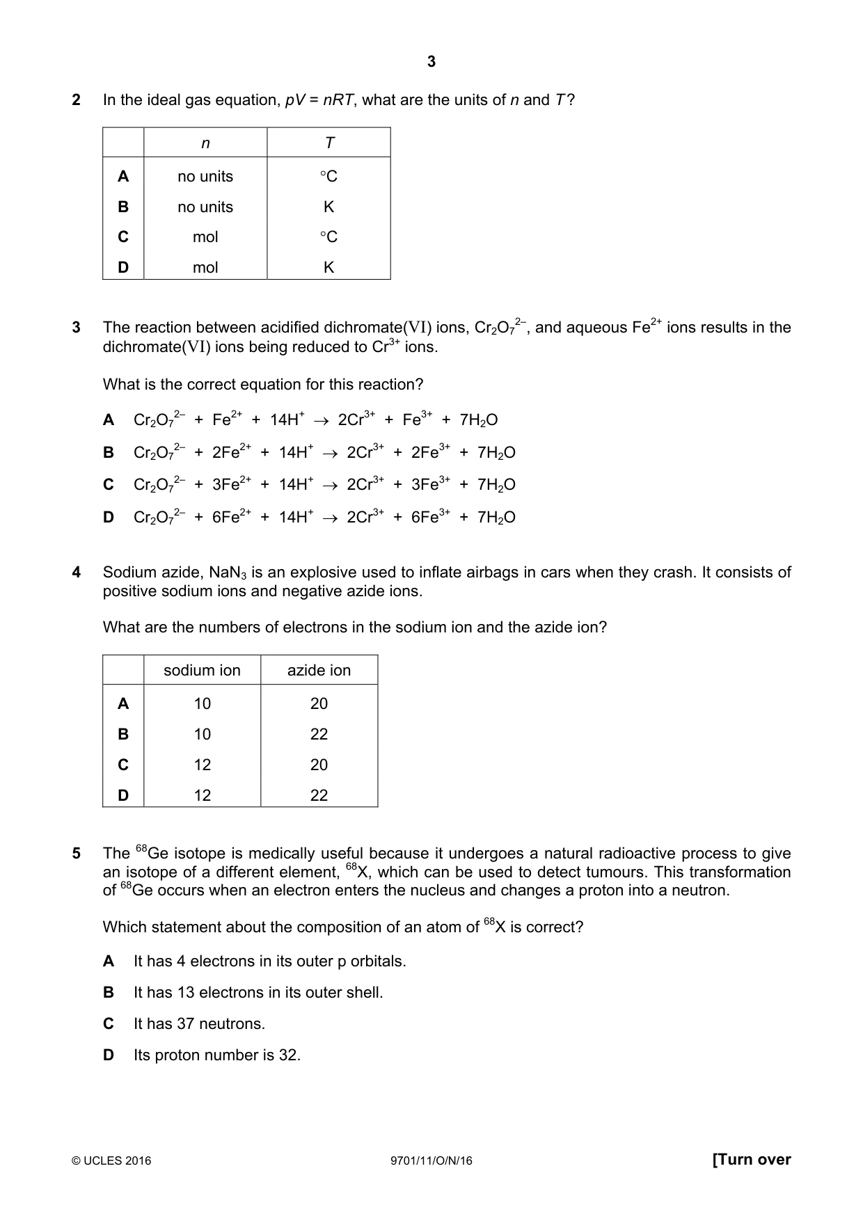 Cambridge A Level Chemistry 9701 2016 Oct/Nov Paper 1 · Variant 1 question paper, page 3 of 16