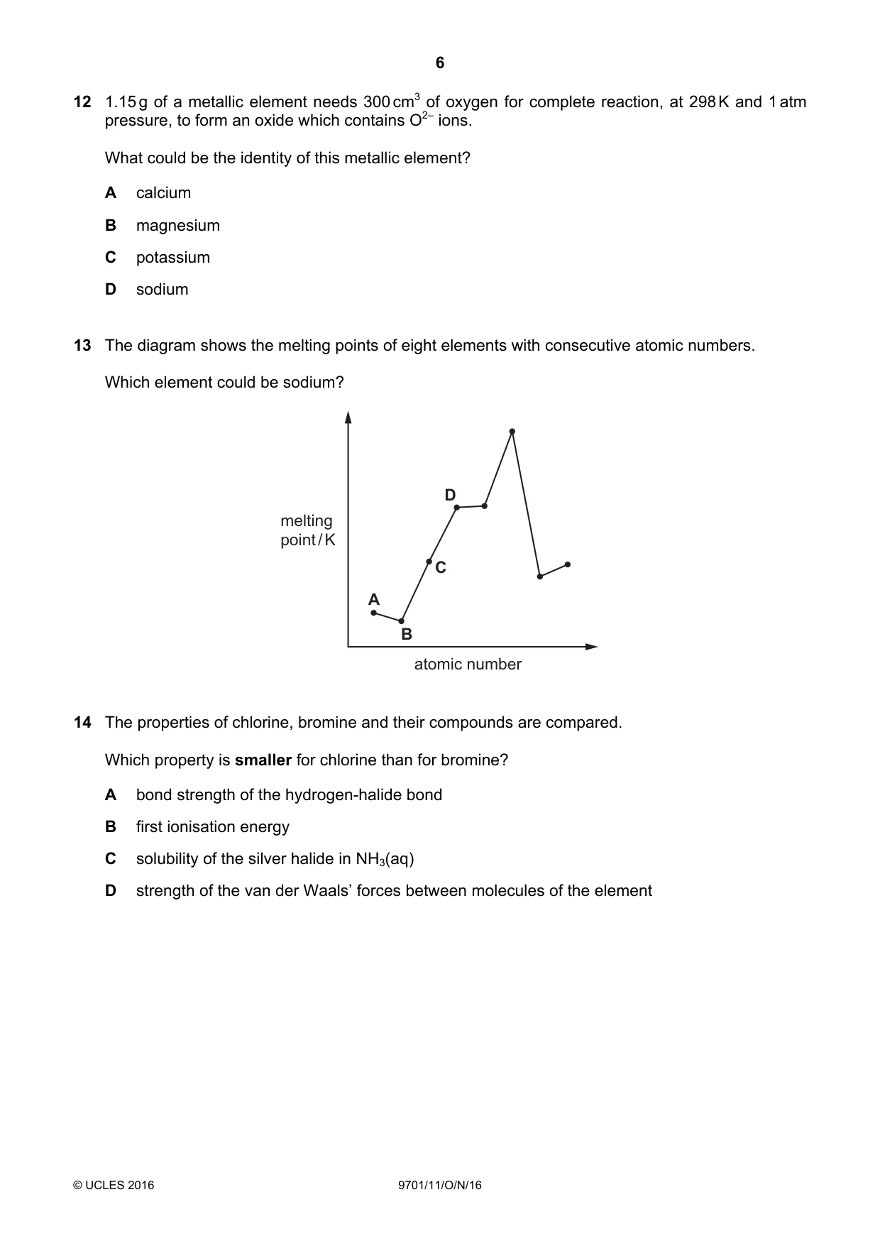Cambridge A Level Chemistry 9701 2016 Oct/Nov Paper 1 · Variant 1 question paper, page 6 of 16
