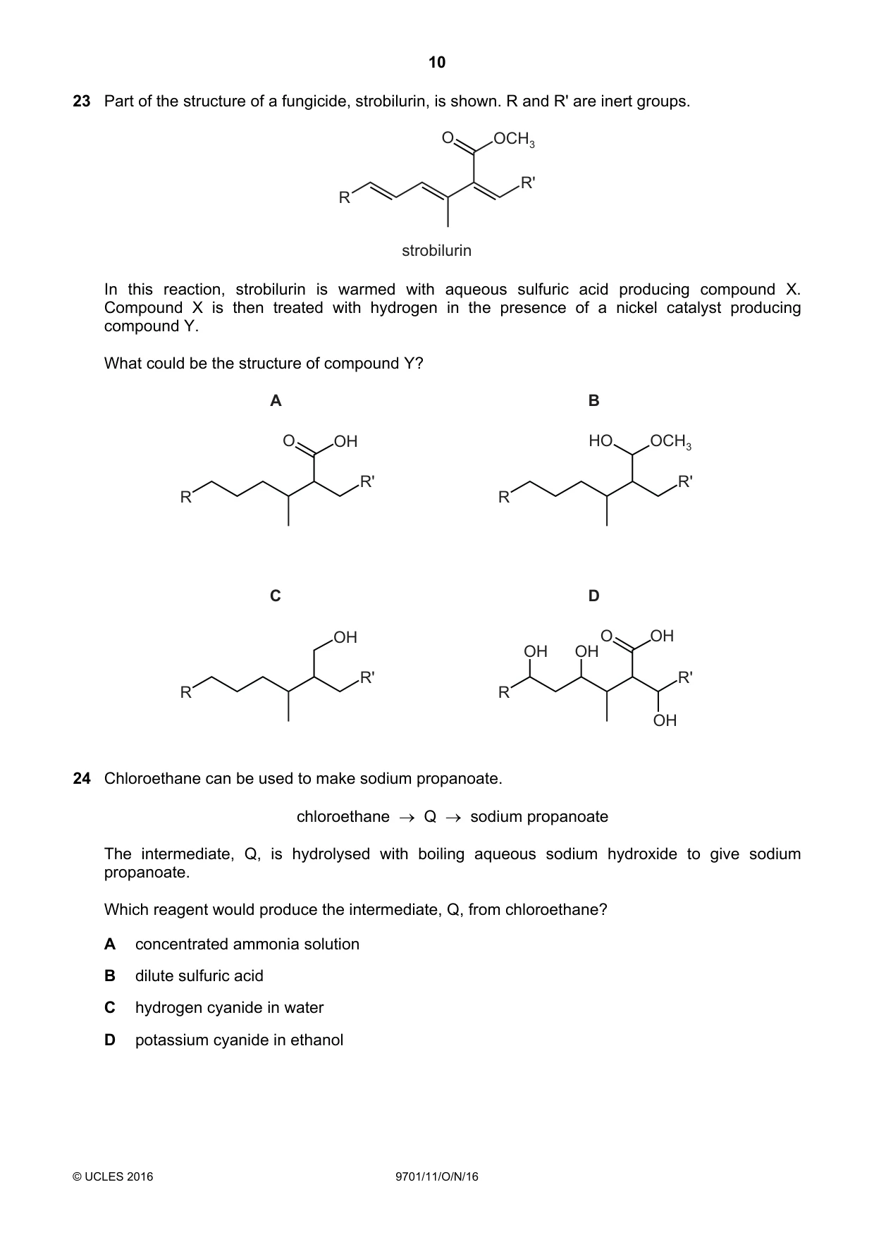 Cambridge A Level Chemistry 9701 2016 Oct/Nov Paper 1 · Variant 1 question paper, page 10 of 16