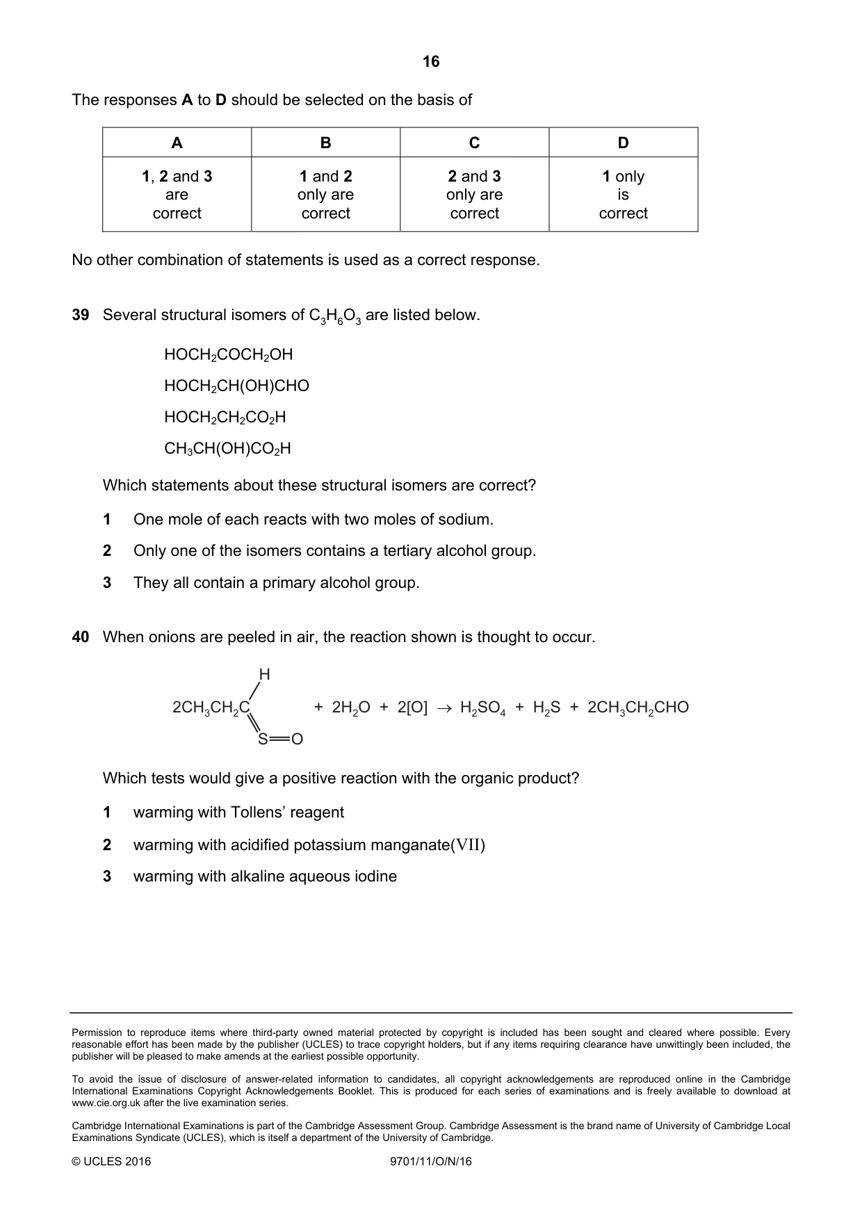 Cambridge A Level Chemistry 9701 2016 Oct/Nov Paper 1 · Variant 1 question paper, page 16 of 16