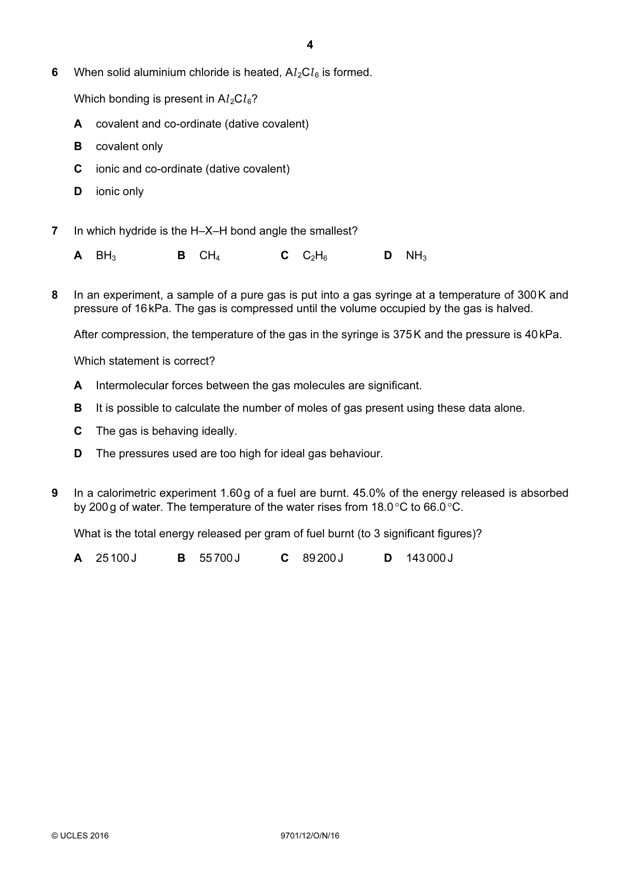Cambridge A Level Chemistry 9701 2016 Oct/Nov Paper 1 · Variant 2 question paper, page 4 of 16