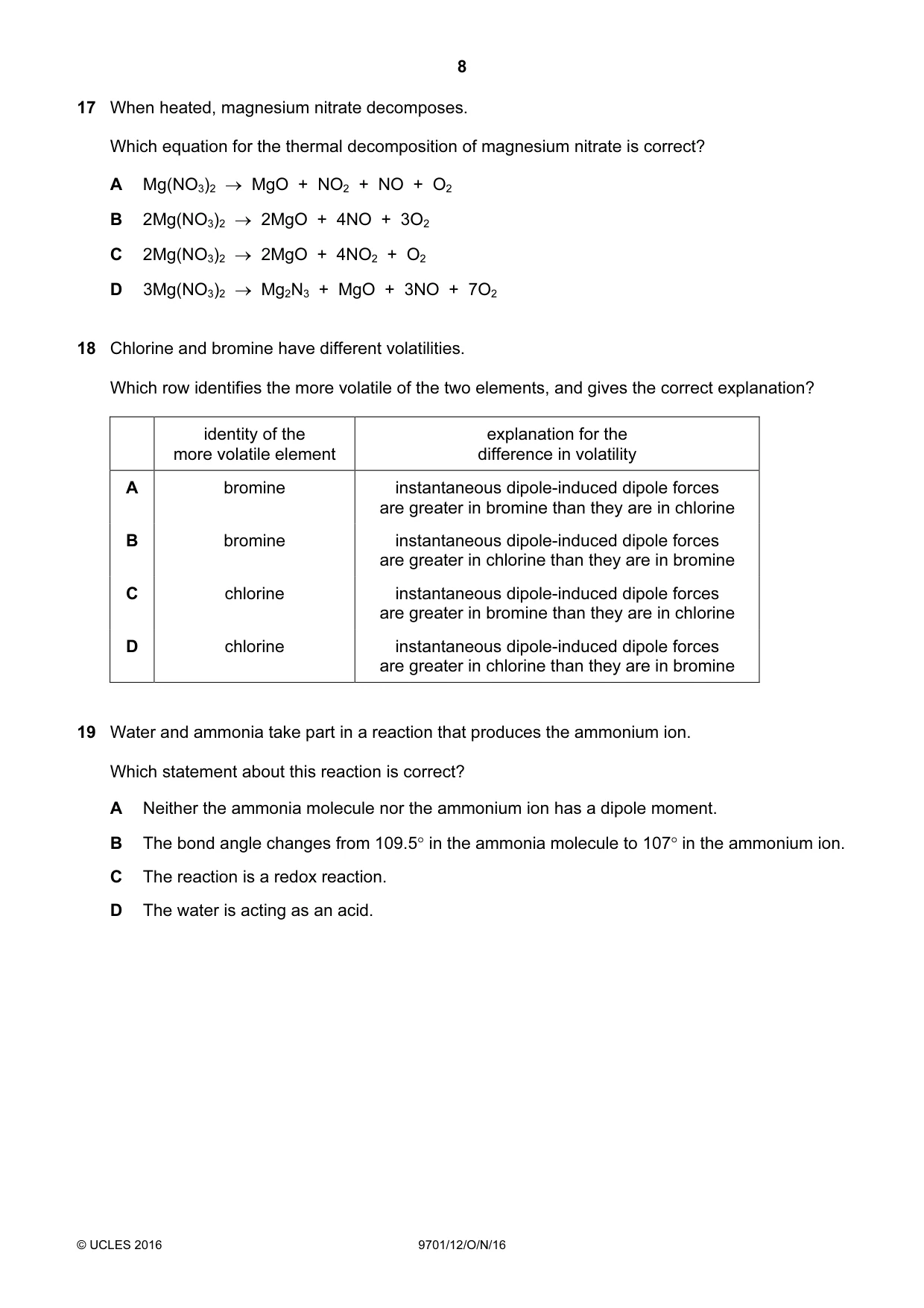 Cambridge A Level Chemistry 9701 2016 Oct/Nov Paper 1 · Variant 2 question paper, page 8 of 16