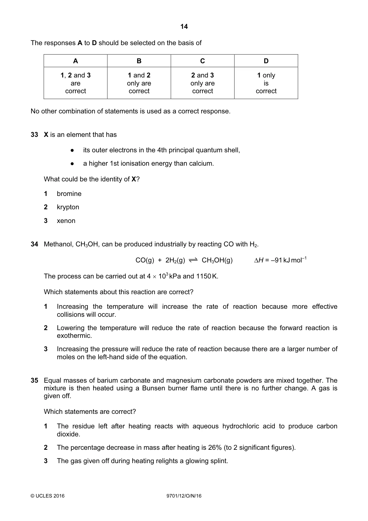 Cambridge A Level Chemistry 9701 2016 Oct/Nov Paper 1 · Variant 2 question paper, page 14 of 16