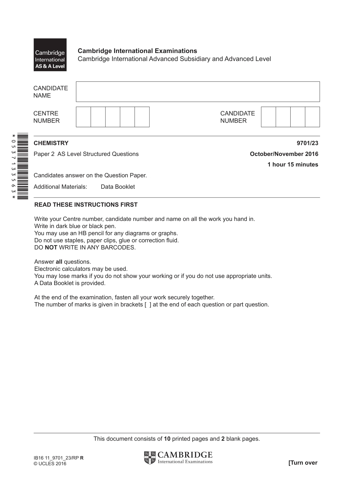 Cambridge A Level Chemistry 9701 2016 Oct/Nov Paper 2 · Variant 3 question paper, page 1 of 12
