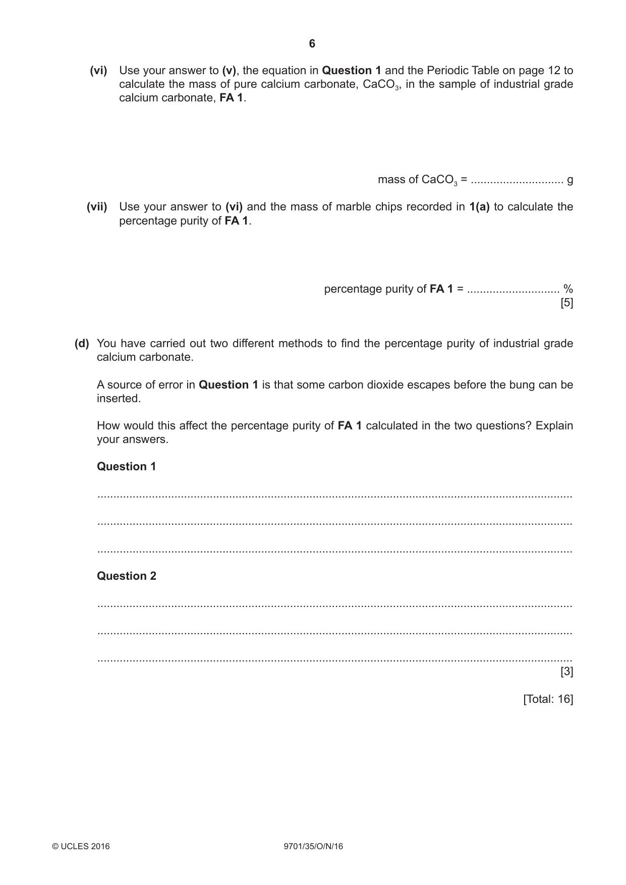 Cambridge A Level Chemistry 9701 2016 Oct/Nov Paper 3 · Variant 5 question paper, page 6 of 12