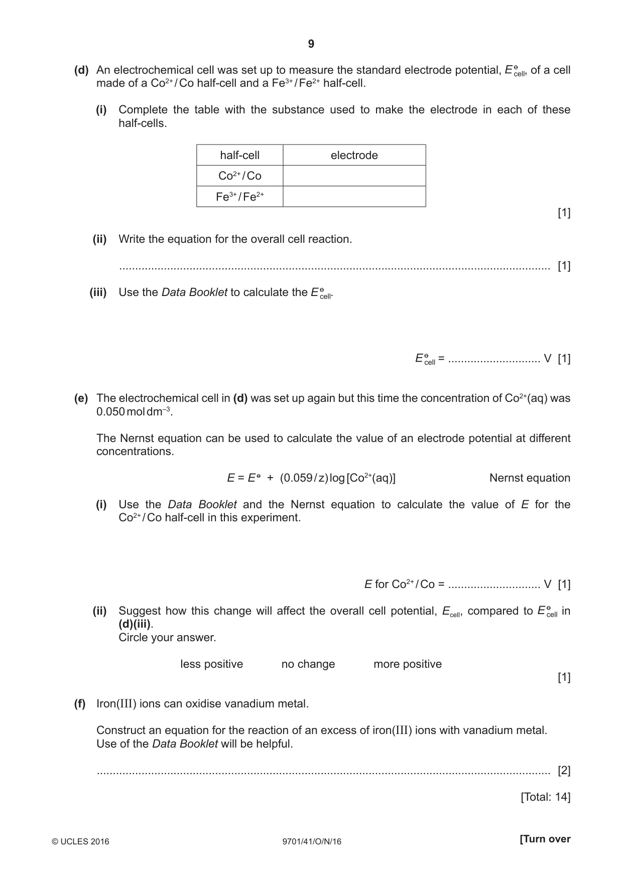 Cambridge A Level Chemistry 9701 2016 Oct/Nov Paper 4 · Variant 1 question paper, page 9 of 20