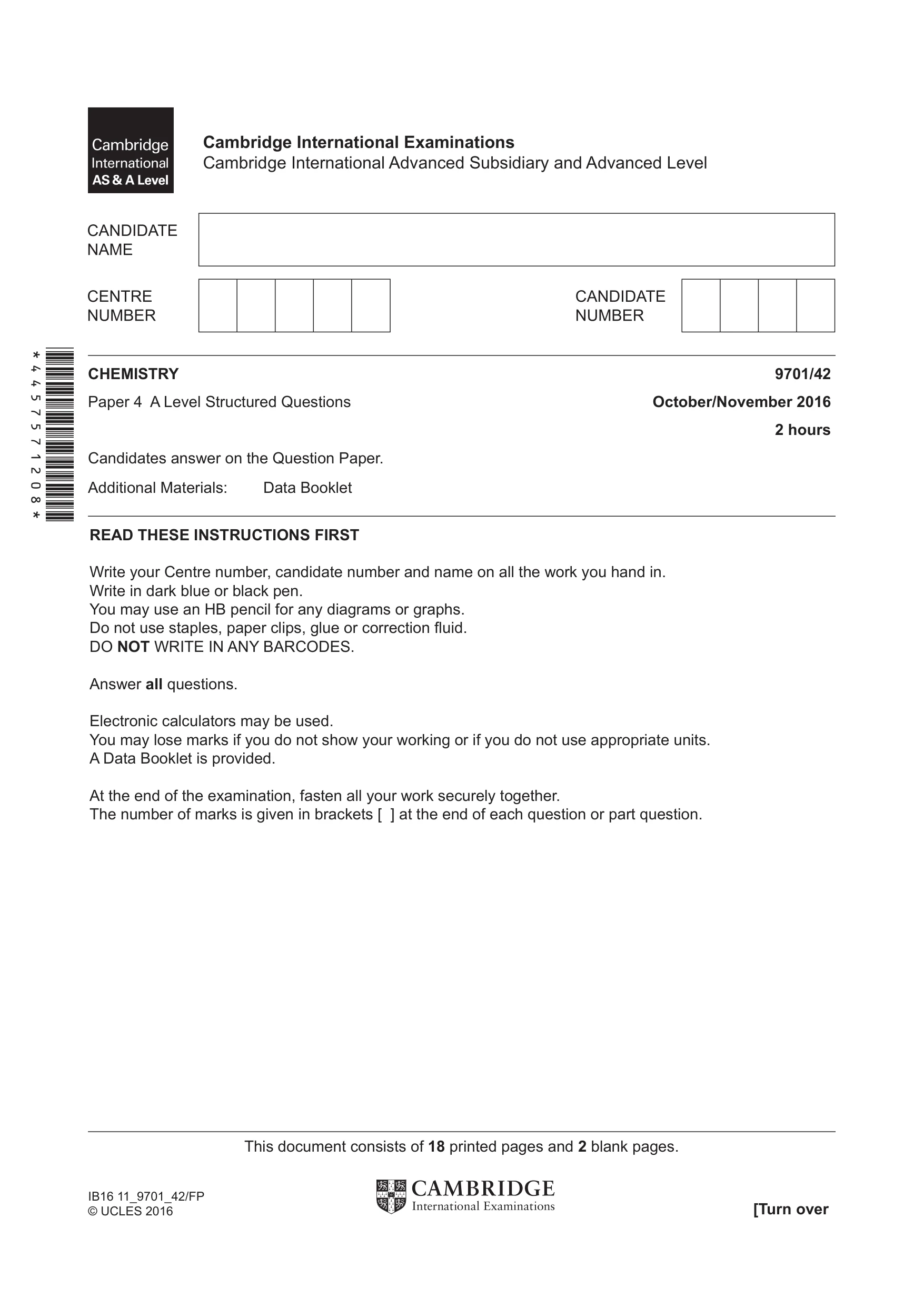 Cambridge A Level Chemistry 9701 2016 Oct/Nov Paper 4 · Variant 2 question paper, page 1 of 20