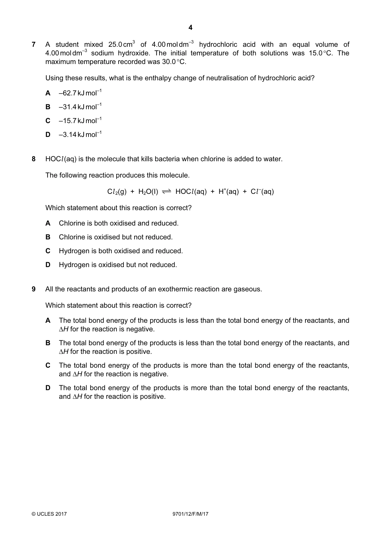 Cambridge A Level Chemistry 9701 2017 Feb/March Paper 1 · Variant 2 question paper, page 4 of 16