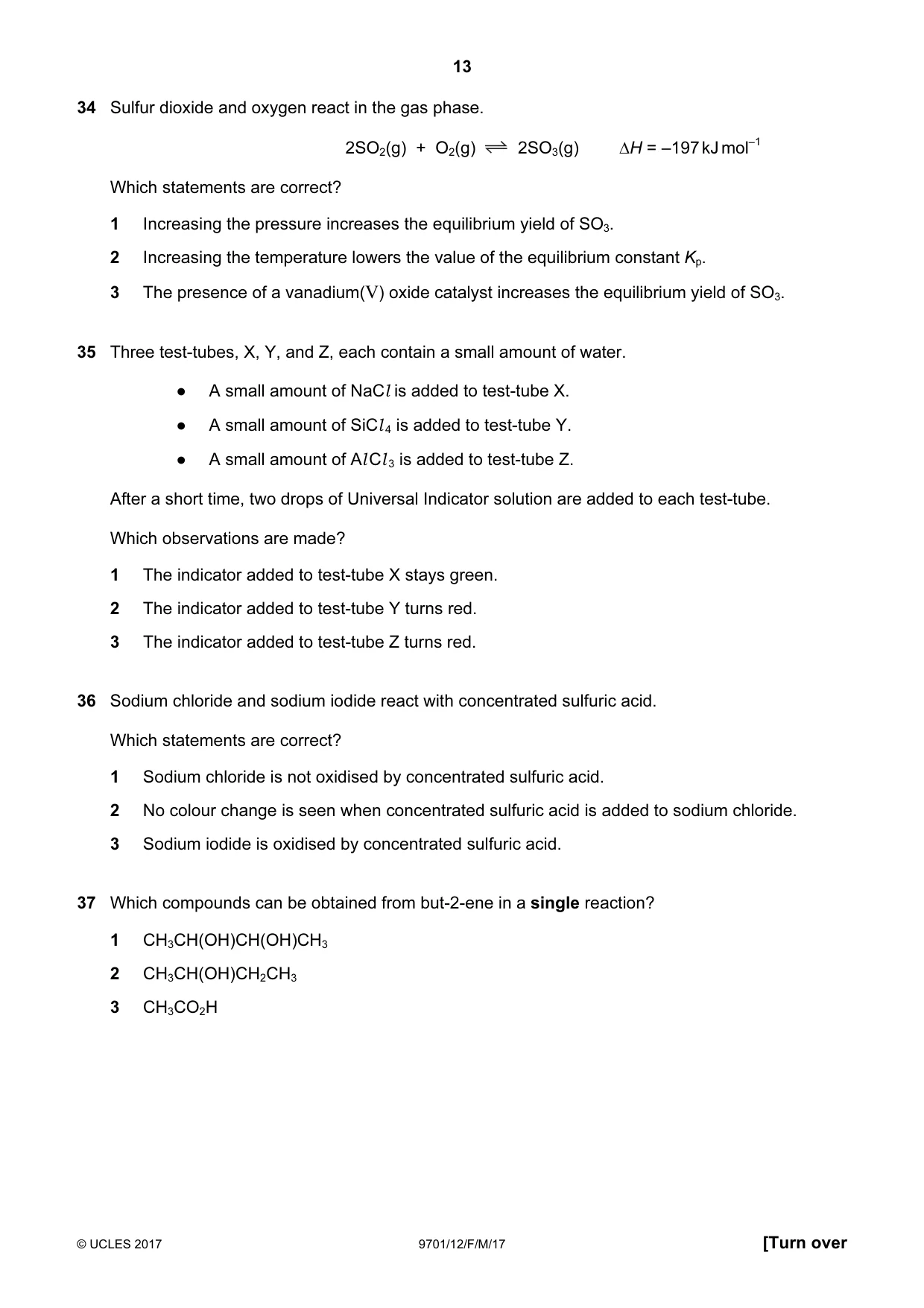 Cambridge A Level Chemistry 9701 2017 Feb/March Paper 1 · Variant 2 question paper, page 13 of 16