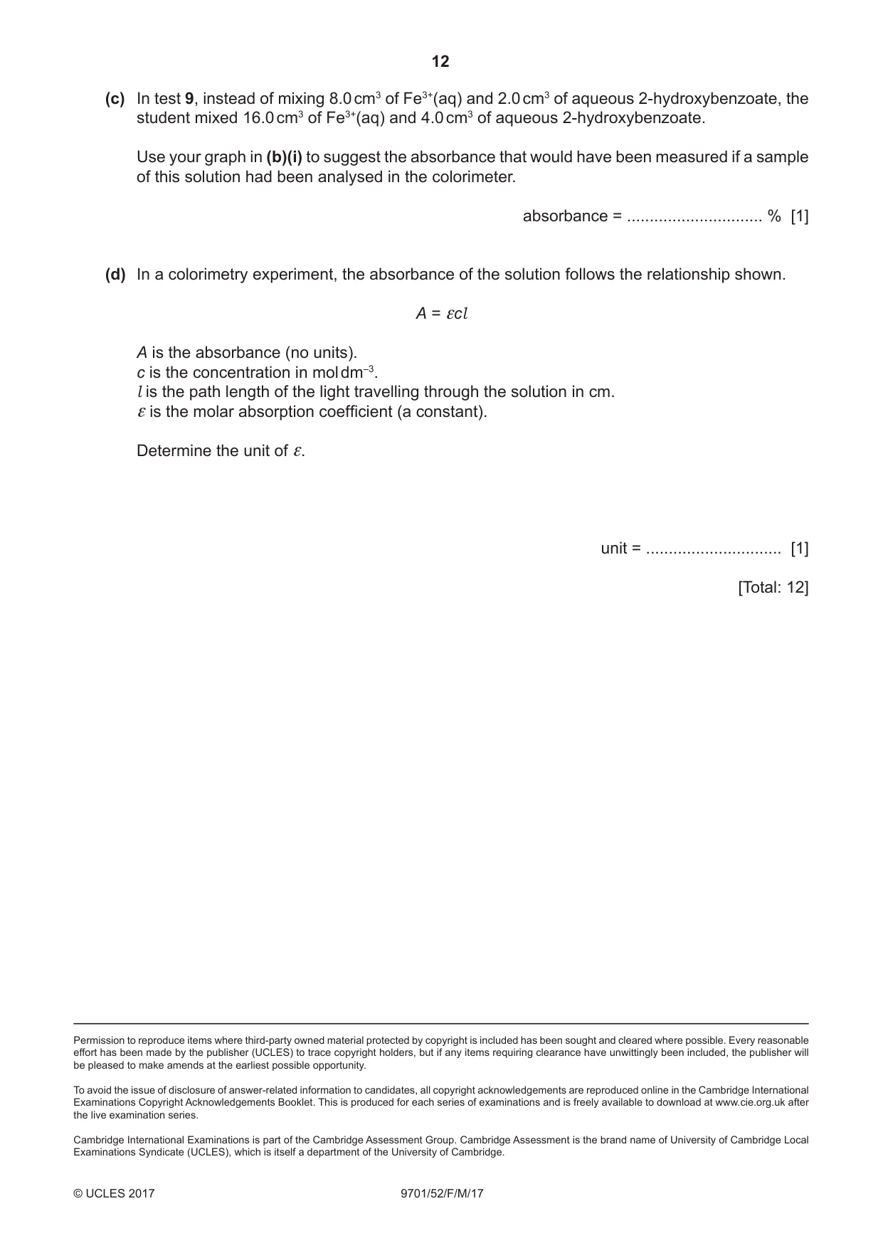 Cambridge A Level Chemistry 9701 2017 Feb/March Paper 5 · Variant 2 question paper, page 12 of 12