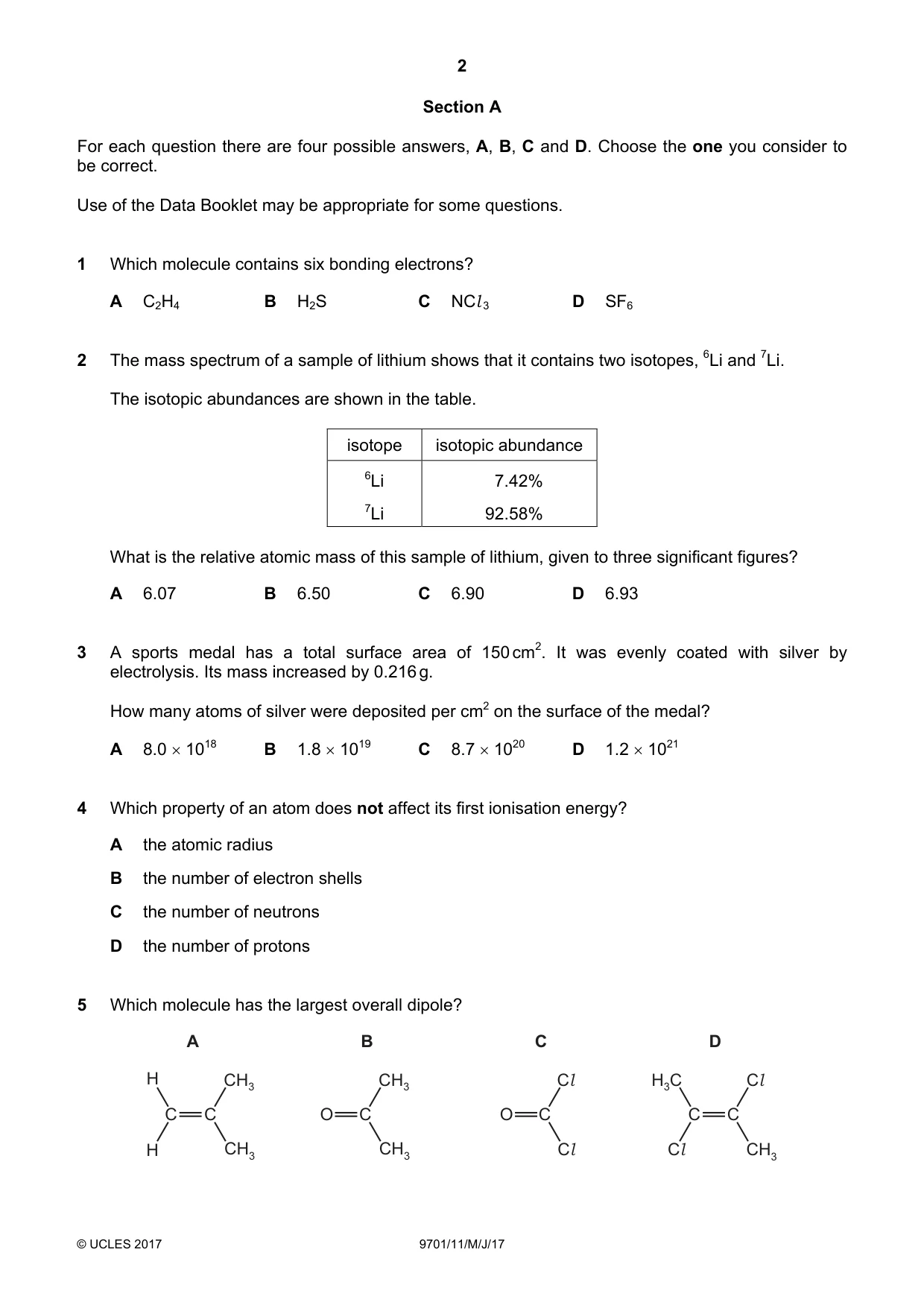 Cambridge A Level Chemistry 9701 2017 May/June Paper 1 · Variant 1 question paper, page 2 of 16
