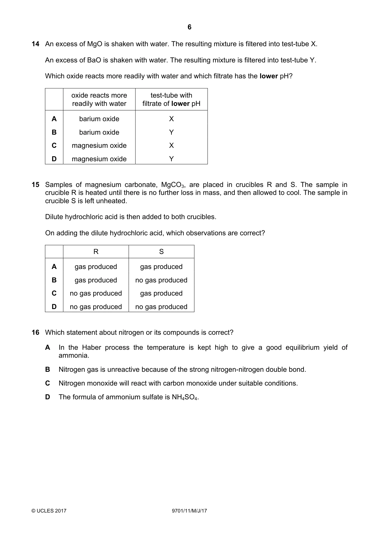 Cambridge A Level Chemistry 9701 2017 May/June Paper 1 · Variant 1 question paper, page 6 of 16