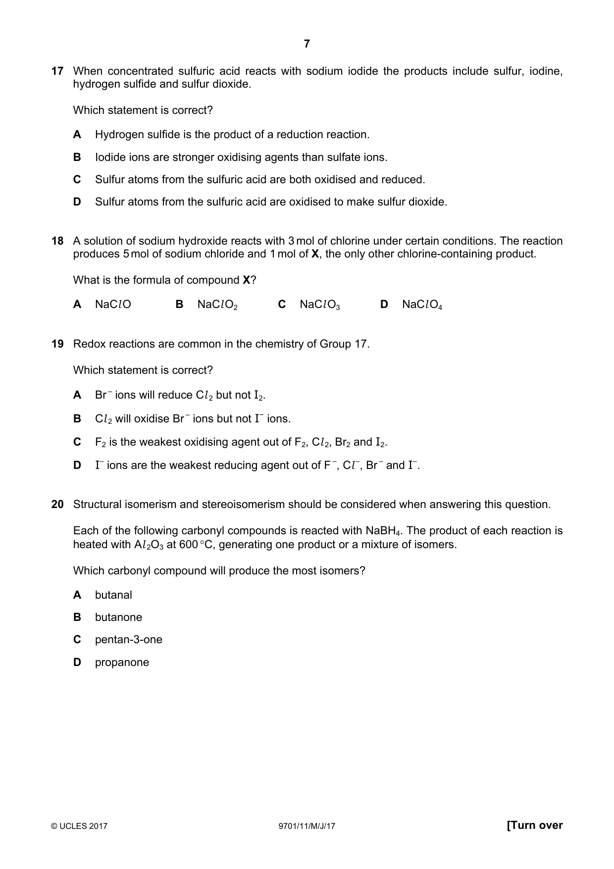 Cambridge A Level Chemistry 9701 2017 May/June Paper 1 · Variant 1 question paper, page 7 of 16
