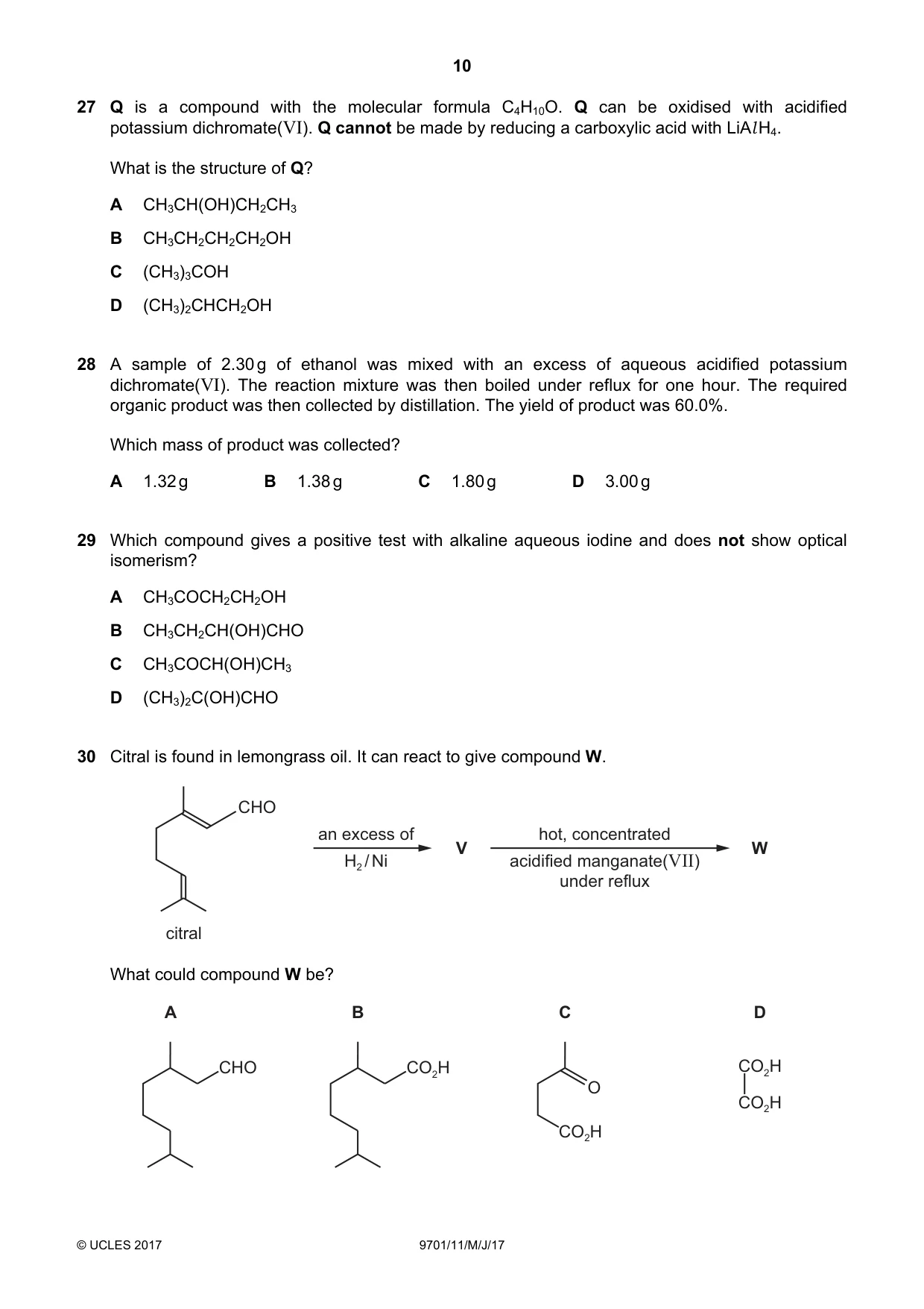 Cambridge A Level Chemistry 9701 2017 May/June Paper 1 · Variant 1 question paper, page 10 of 16