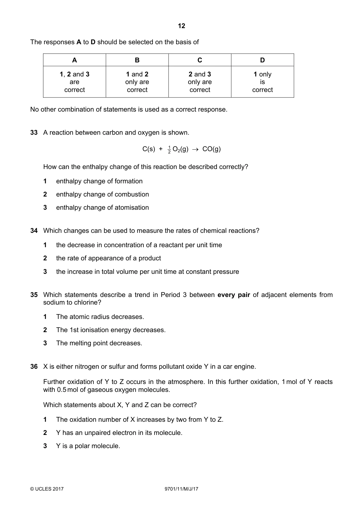 Cambridge A Level Chemistry 9701 2017 May/June Paper 1 · Variant 1 question paper, page 12 of 16