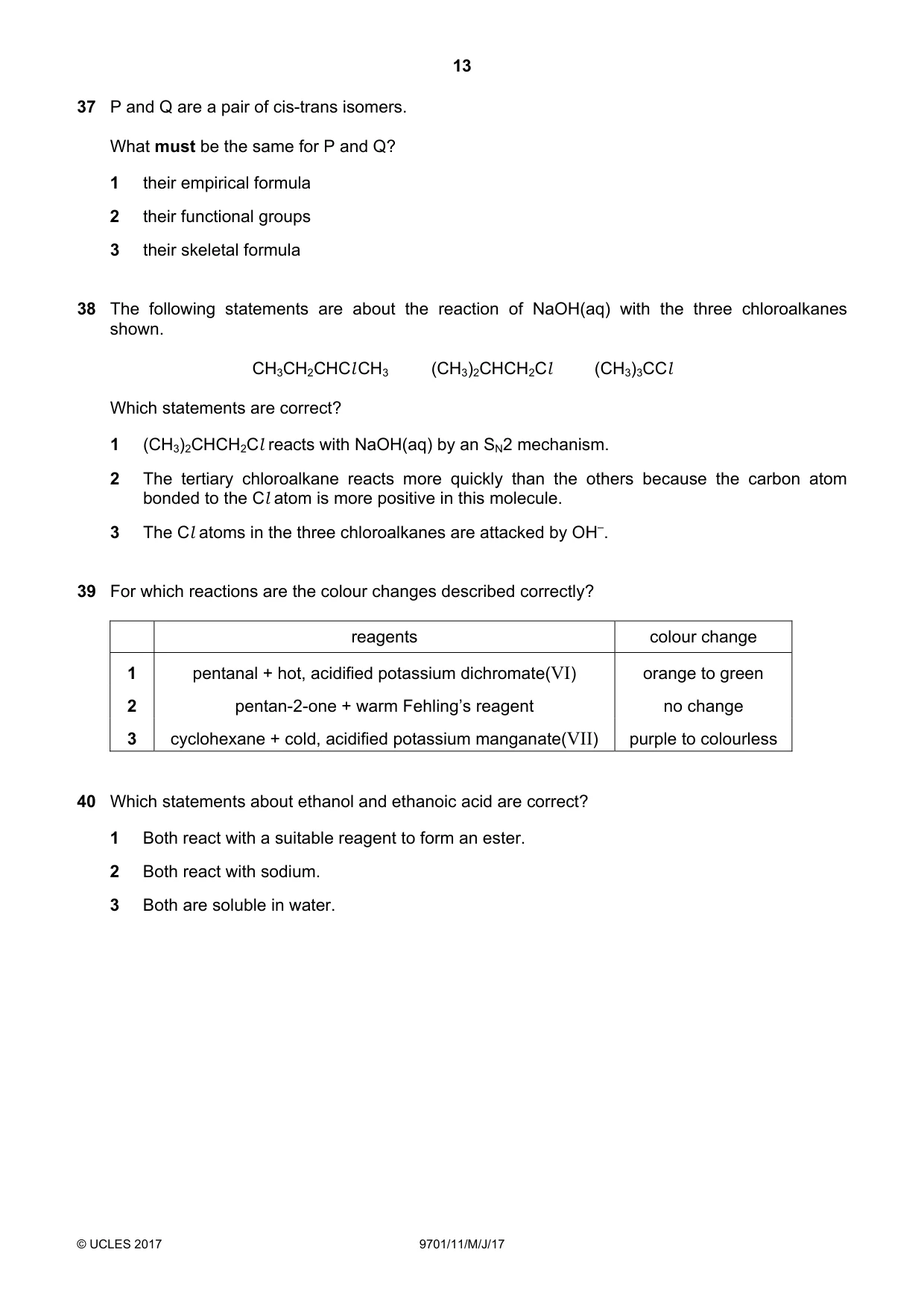 Cambridge A Level Chemistry 9701 2017 May/June Paper 1 · Variant 1 question paper, page 13 of 16