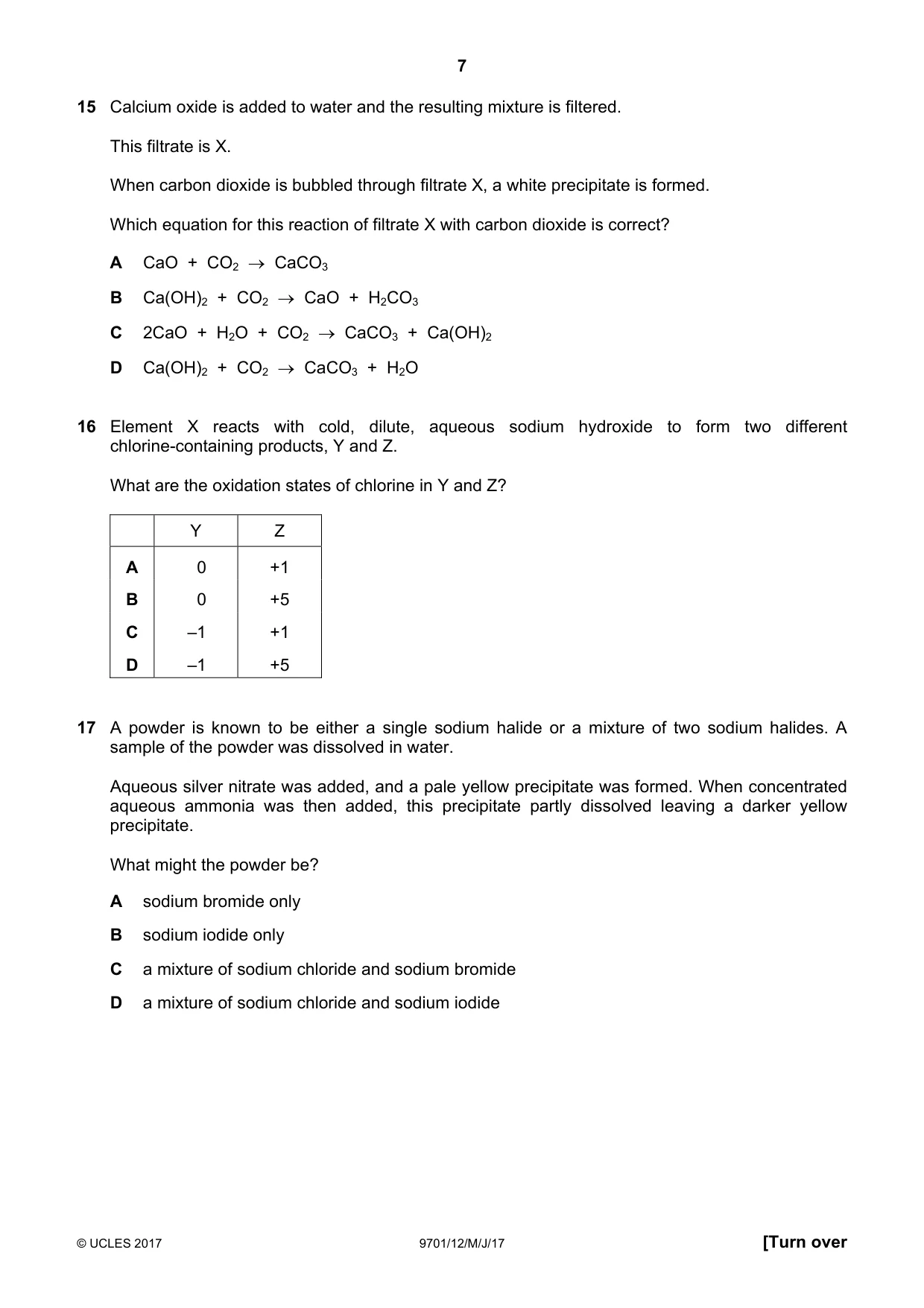 Cambridge A Level Chemistry 9701 2017 May/June Paper 1 · Variant 2 question paper, page 7 of 16