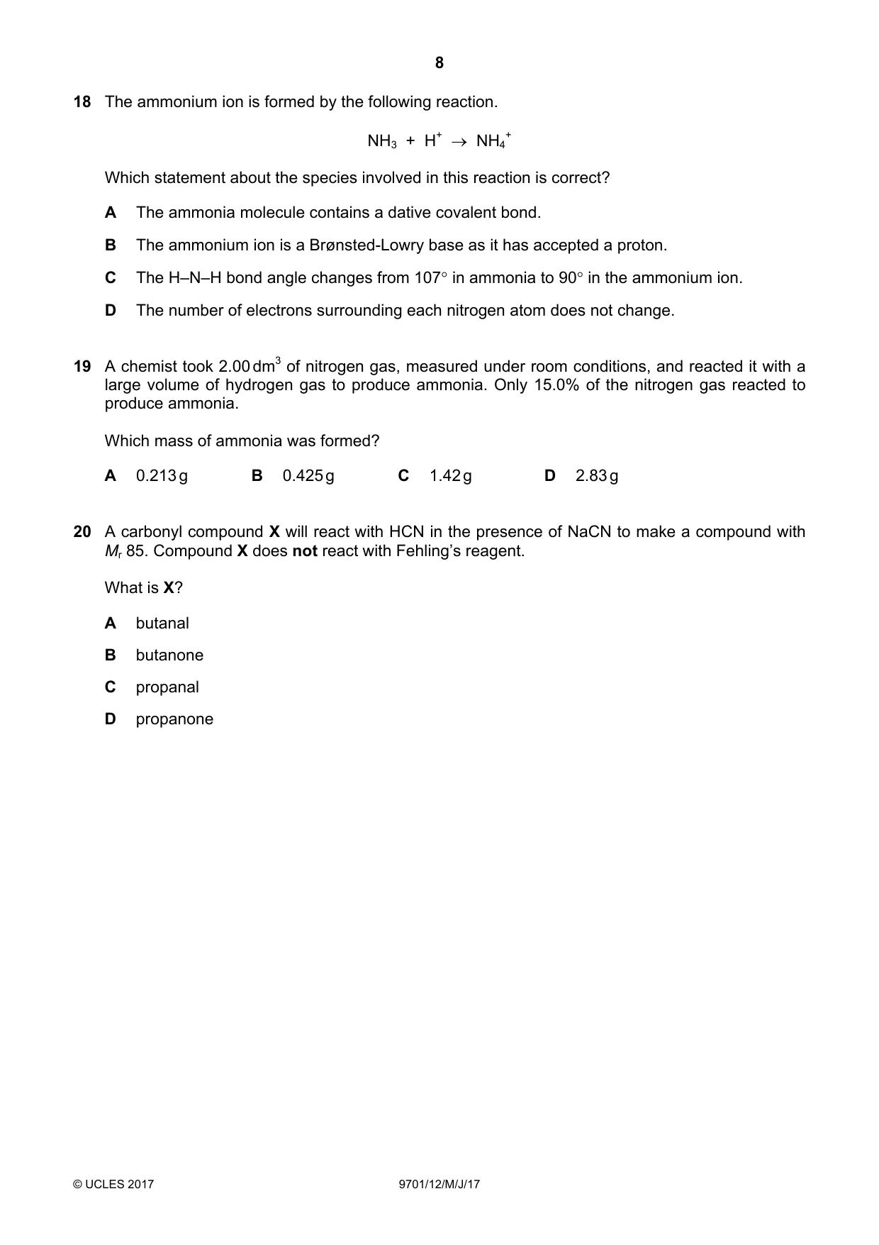Cambridge A Level Chemistry 9701 2017 May/June Paper 1 · Variant 2 question paper, page 8 of 16