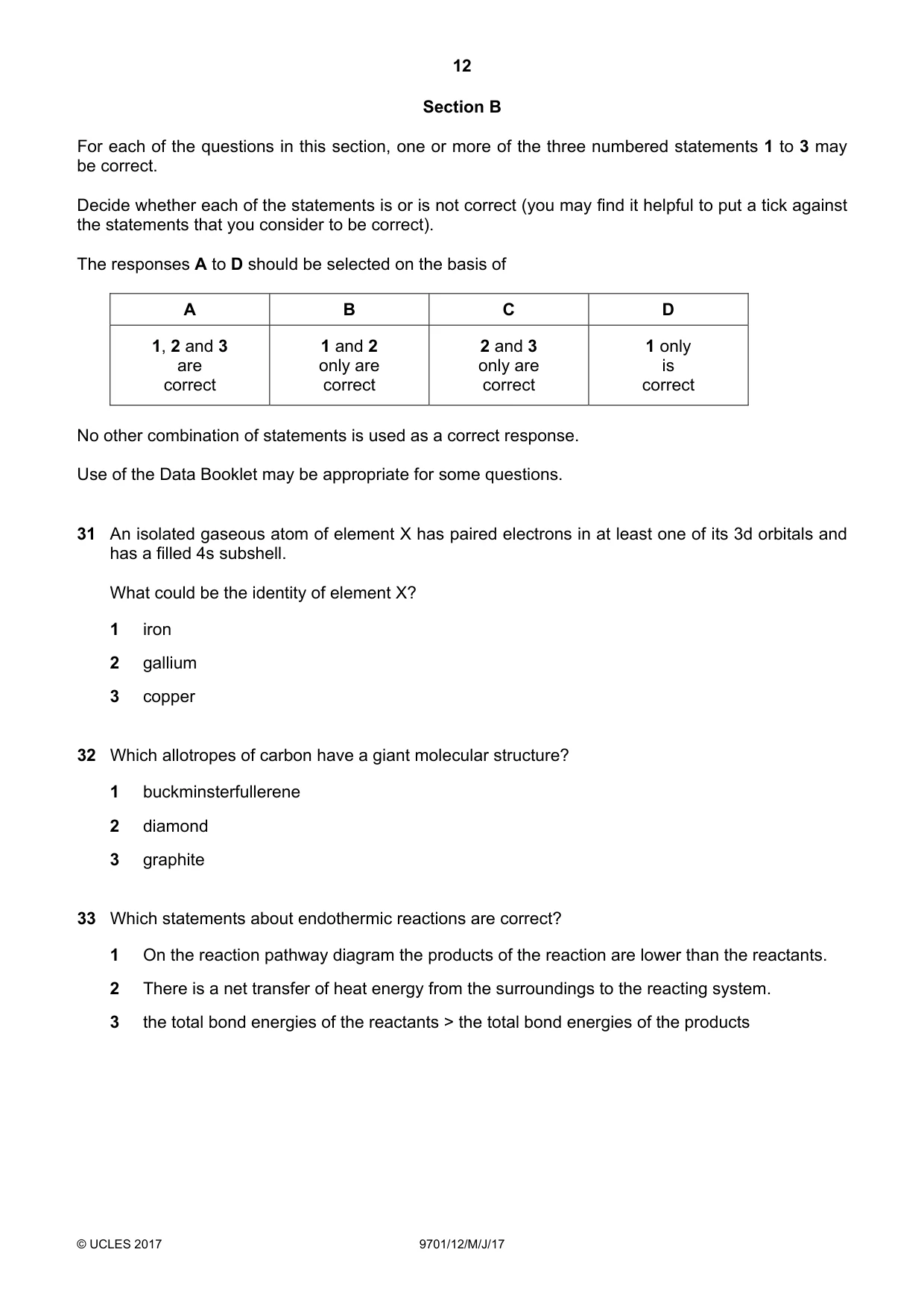 Cambridge A Level Chemistry 9701 2017 May/June Paper 1 · Variant 2 question paper, page 12 of 16