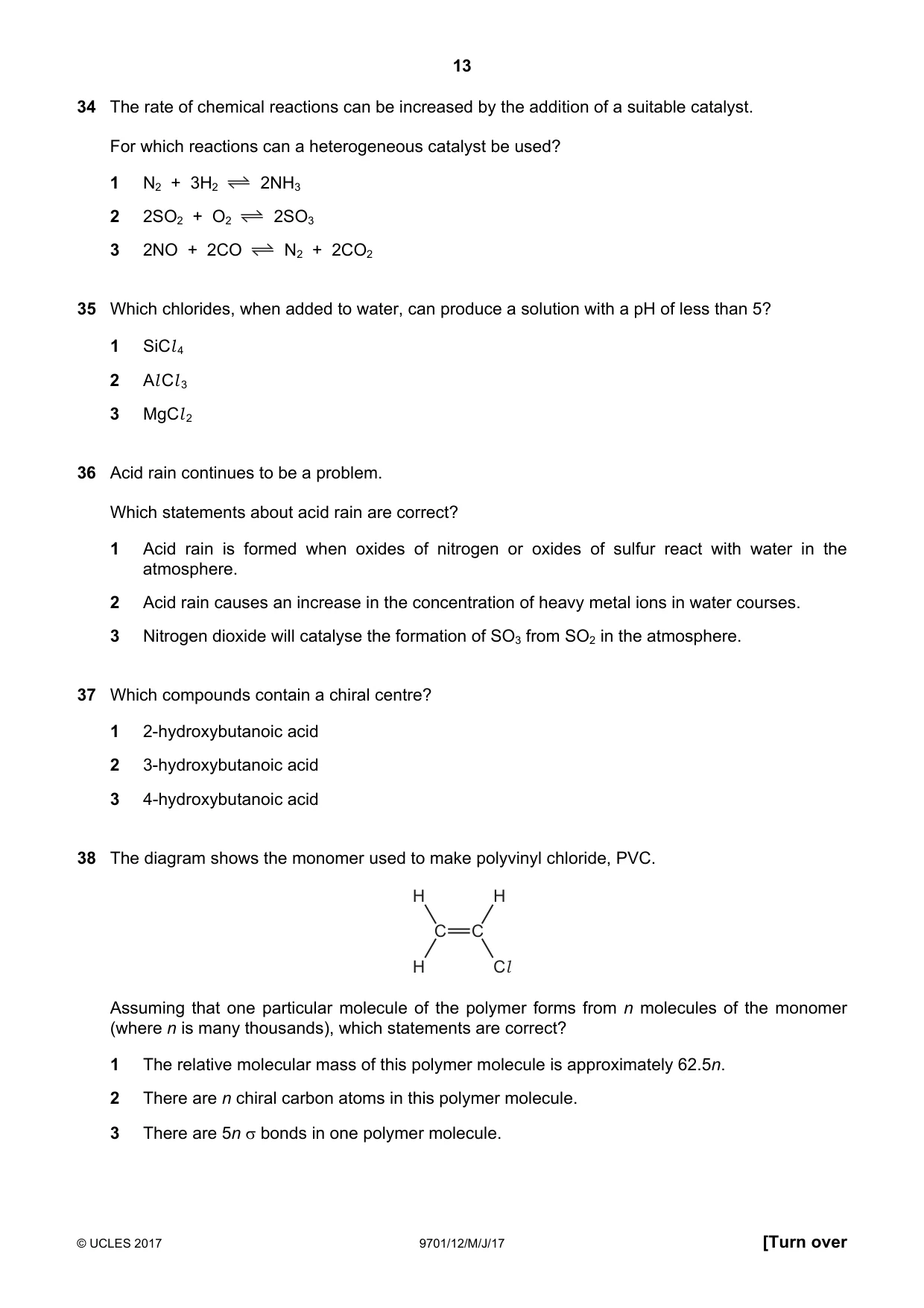 Cambridge A Level Chemistry 9701 2017 May/June Paper 1 · Variant 2 question paper, page 13 of 16