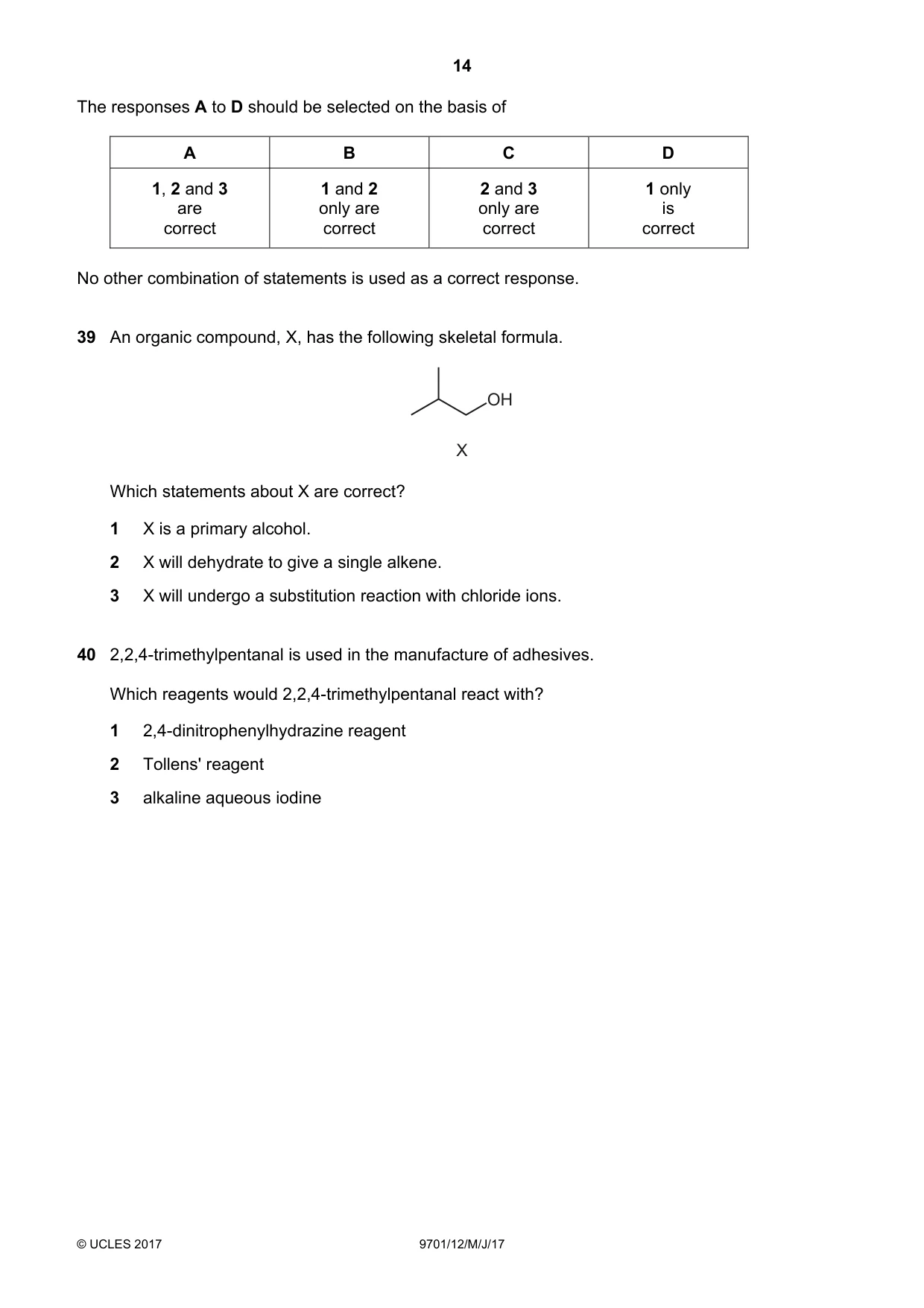 Cambridge A Level Chemistry 9701 2017 May/June Paper 1 · Variant 2 question paper, page 14 of 16