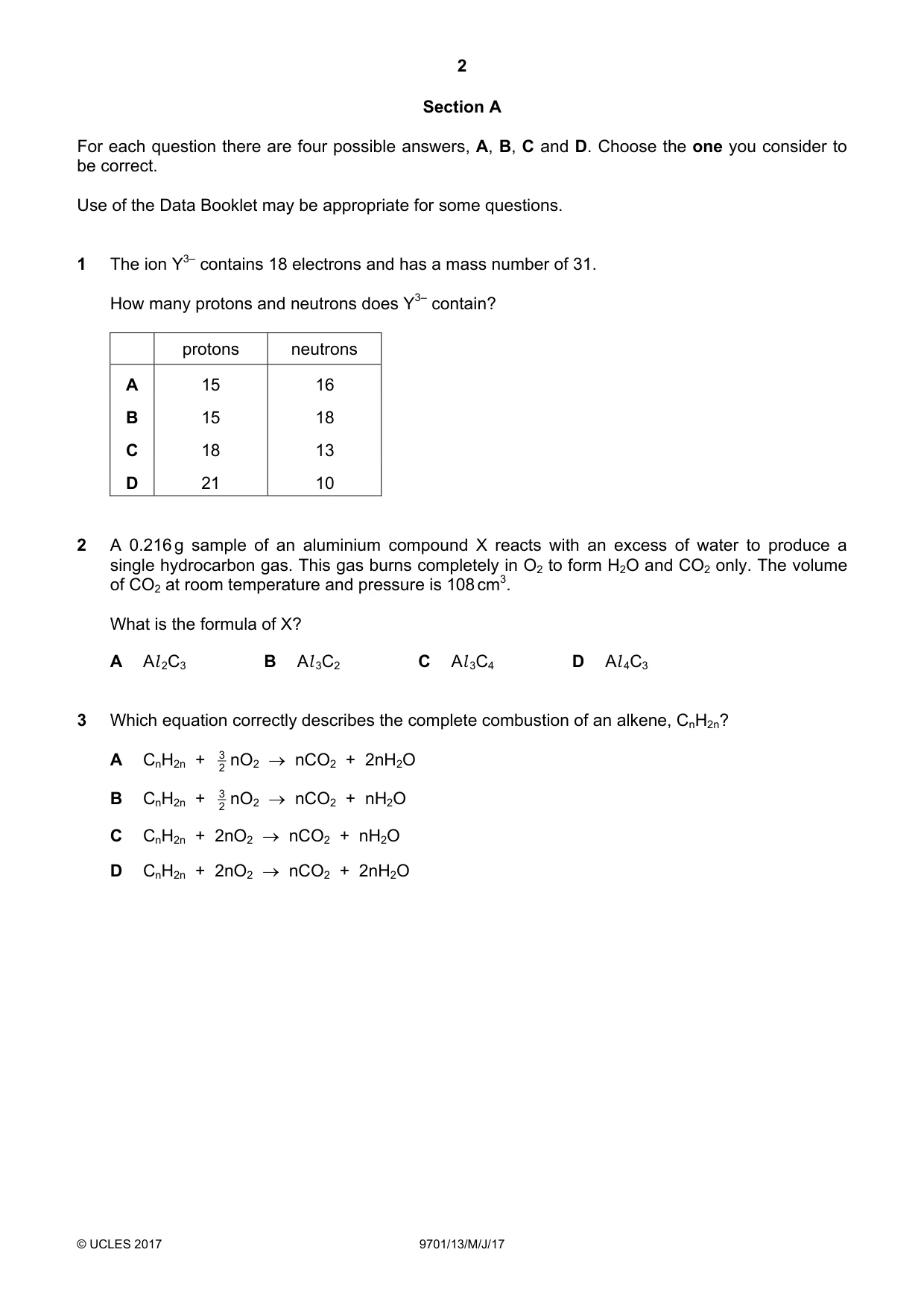 Cambridge A Level Chemistry 9701 2017 May/June Paper 1 · Variant 3 question paper, page 2 of 16