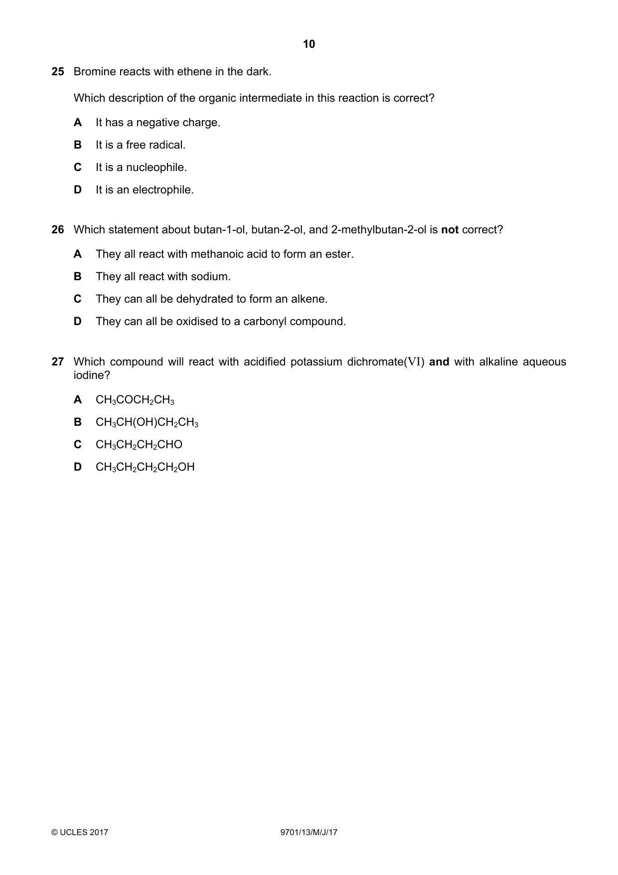 Cambridge A Level Chemistry 9701 2017 May/June Paper 1 · Variant 3 question paper, page 10 of 16