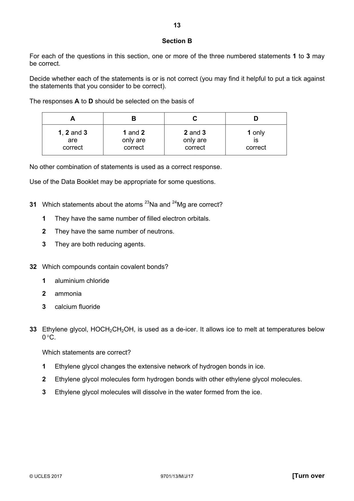 Cambridge A Level Chemistry 9701 2017 May/June Paper 1 · Variant 3 question paper, page 13 of 16