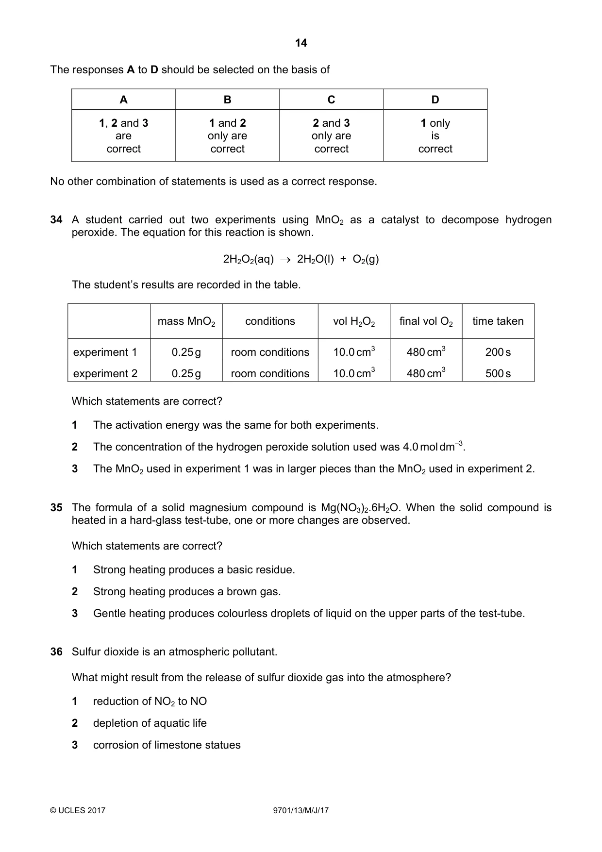 Cambridge A Level Chemistry 9701 2017 May/June Paper 1 · Variant 3 question paper, page 14 of 16