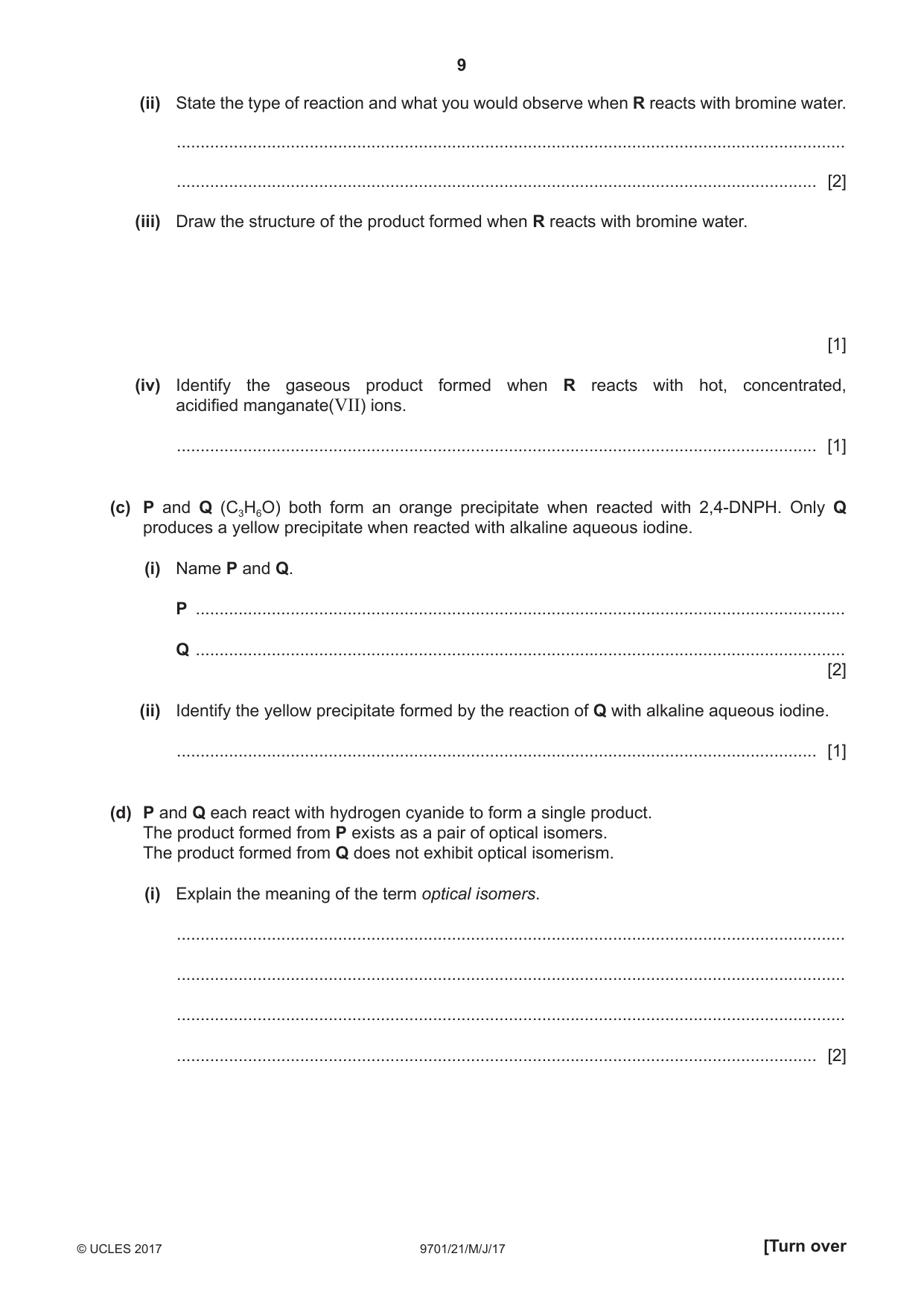 Cambridge A Level Chemistry 9701 2017 May/June Paper 2 · Variant 1 question paper, page 9 of 12