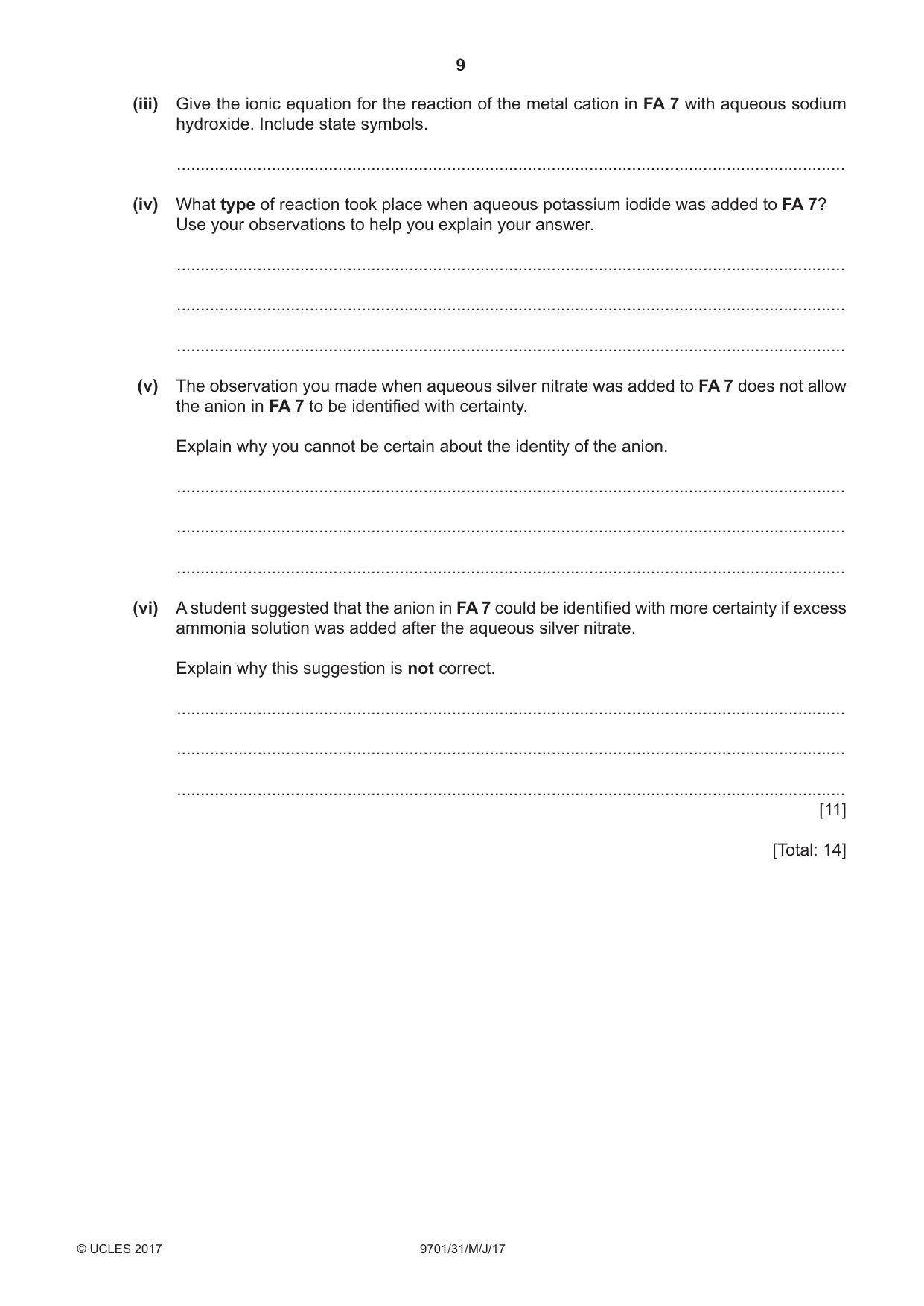 Cambridge A Level Chemistry 9701 2017 May/June Paper 3 · Variant 1 question paper, page 9 of 12