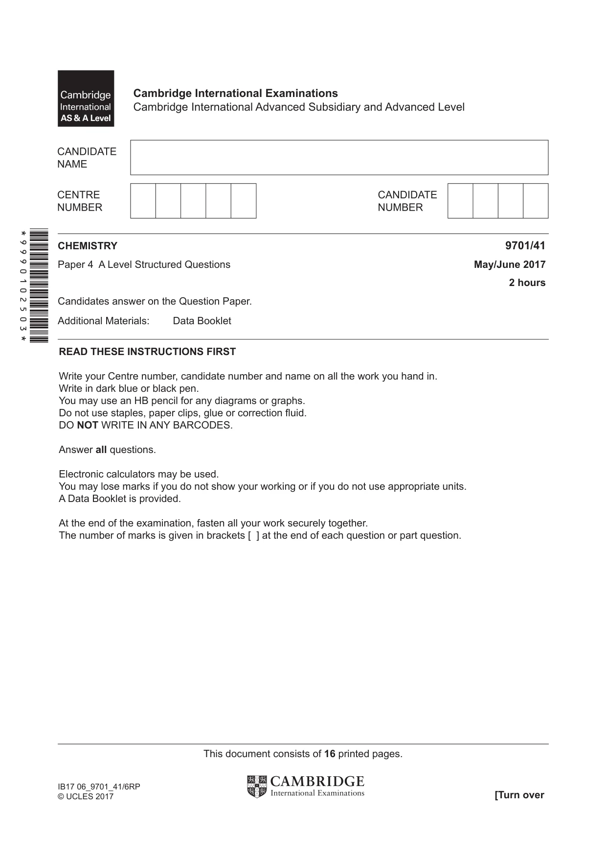 Cambridge A Level Chemistry 9701 2017 May/June Paper 4 · Variant 1 question paper, page 1 of 16