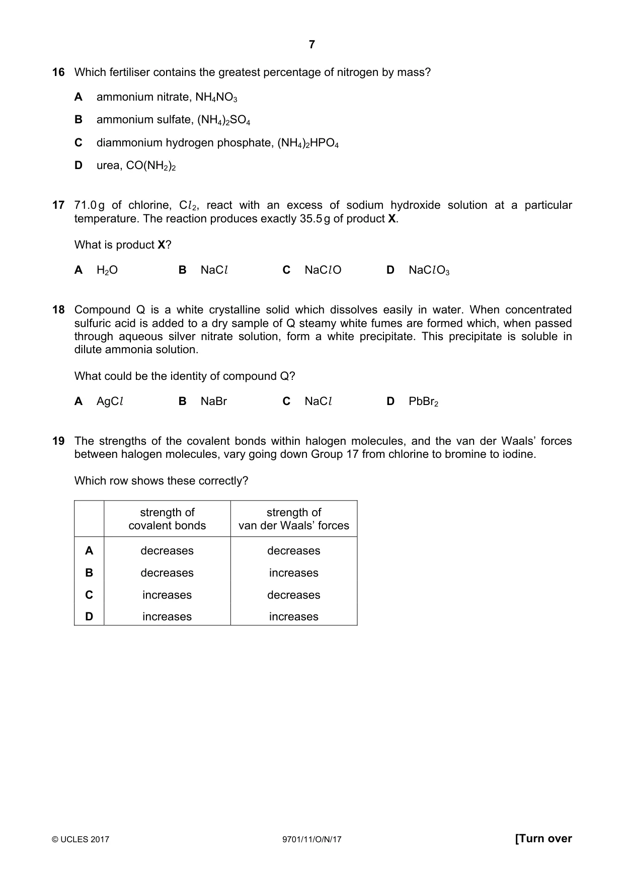 Cambridge A Level Chemistry 9701 2017 Oct/Nov Paper 1 · Variant 1 question paper, page 7 of 16