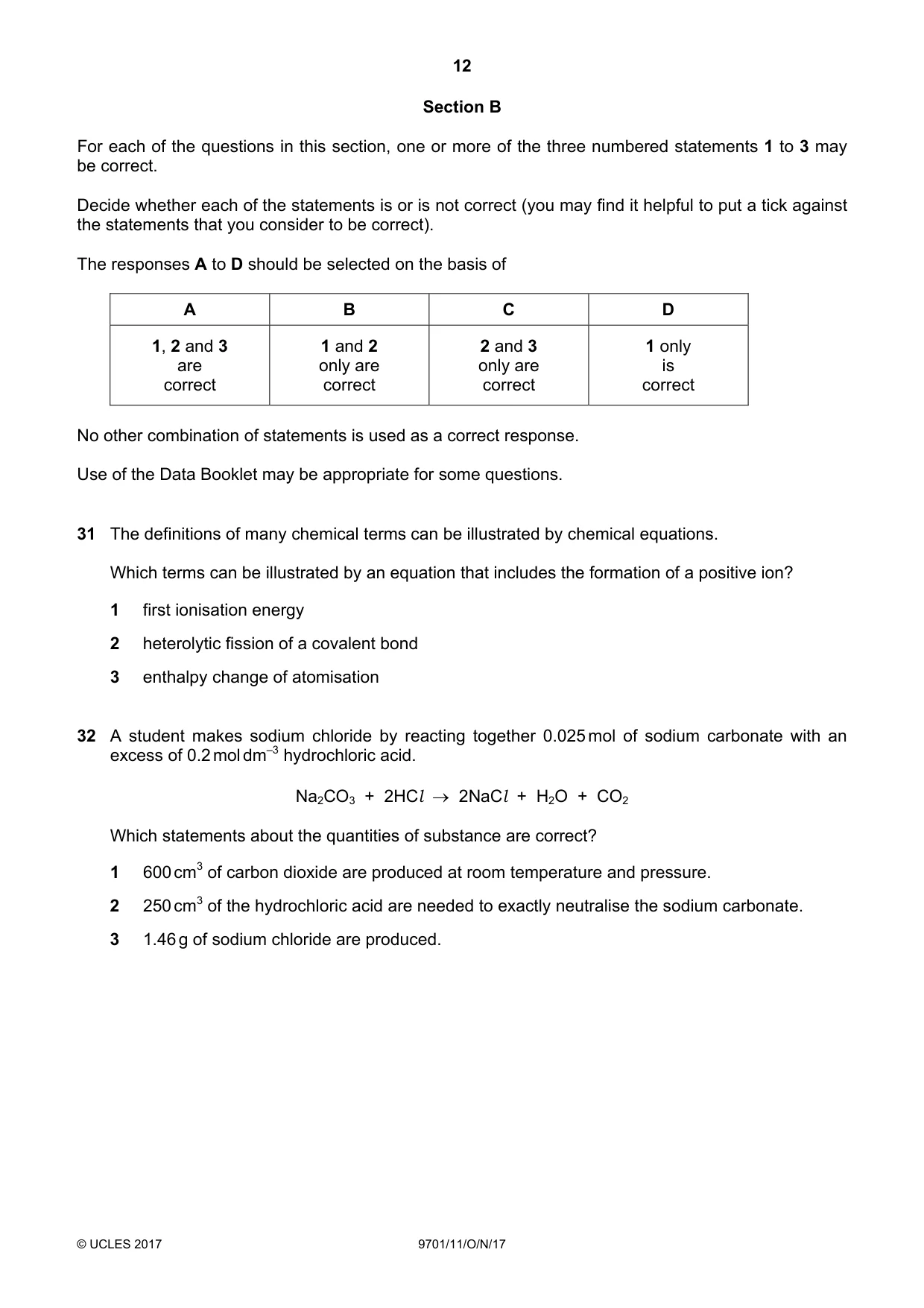 Cambridge A Level Chemistry 9701 2017 Oct/Nov Paper 1 · Variant 1 question paper, page 12 of 16