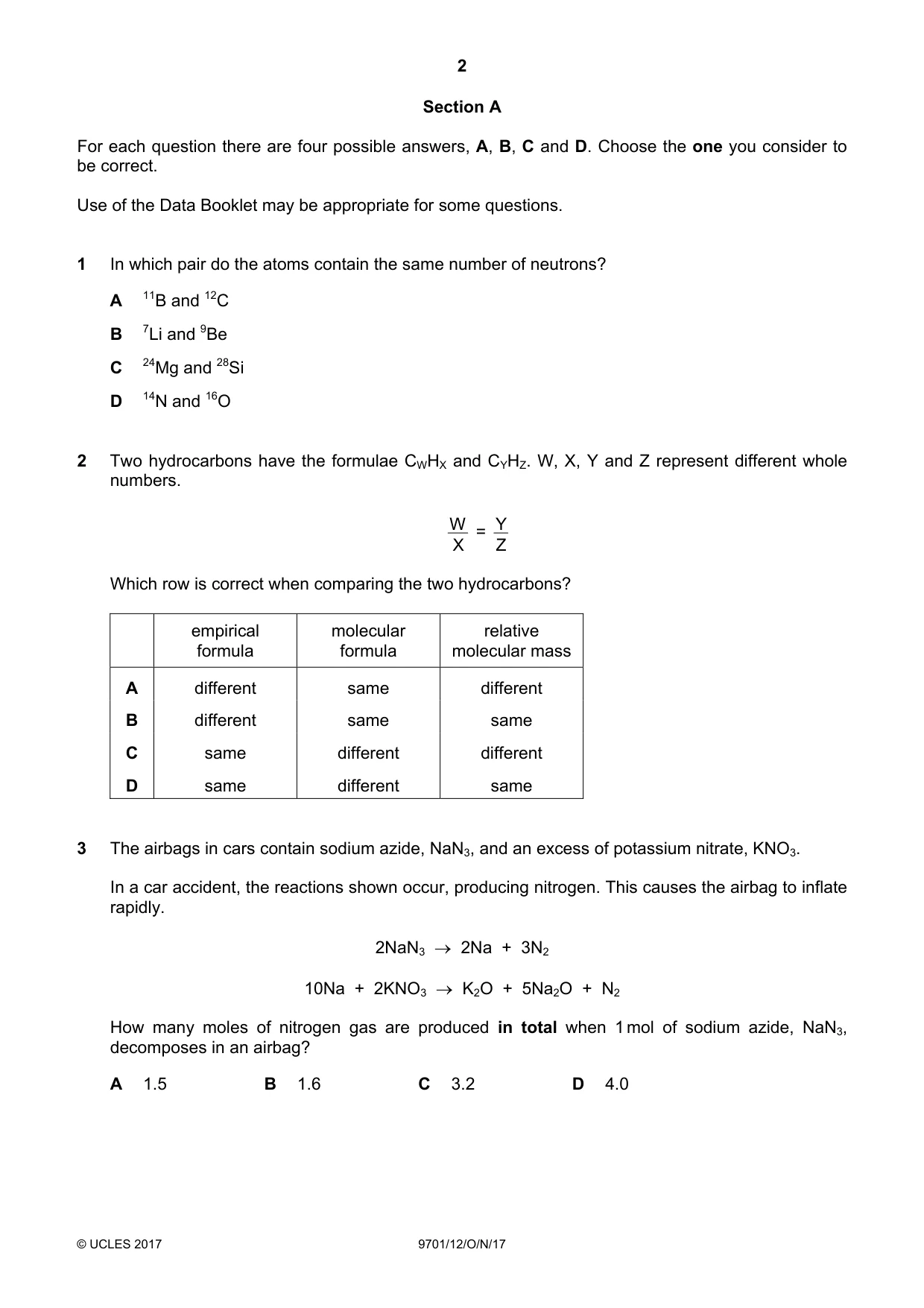 Cambridge A Level Chemistry 9701 2017 Oct/Nov Paper 1 · Variant 2 question paper, page 2 of 16