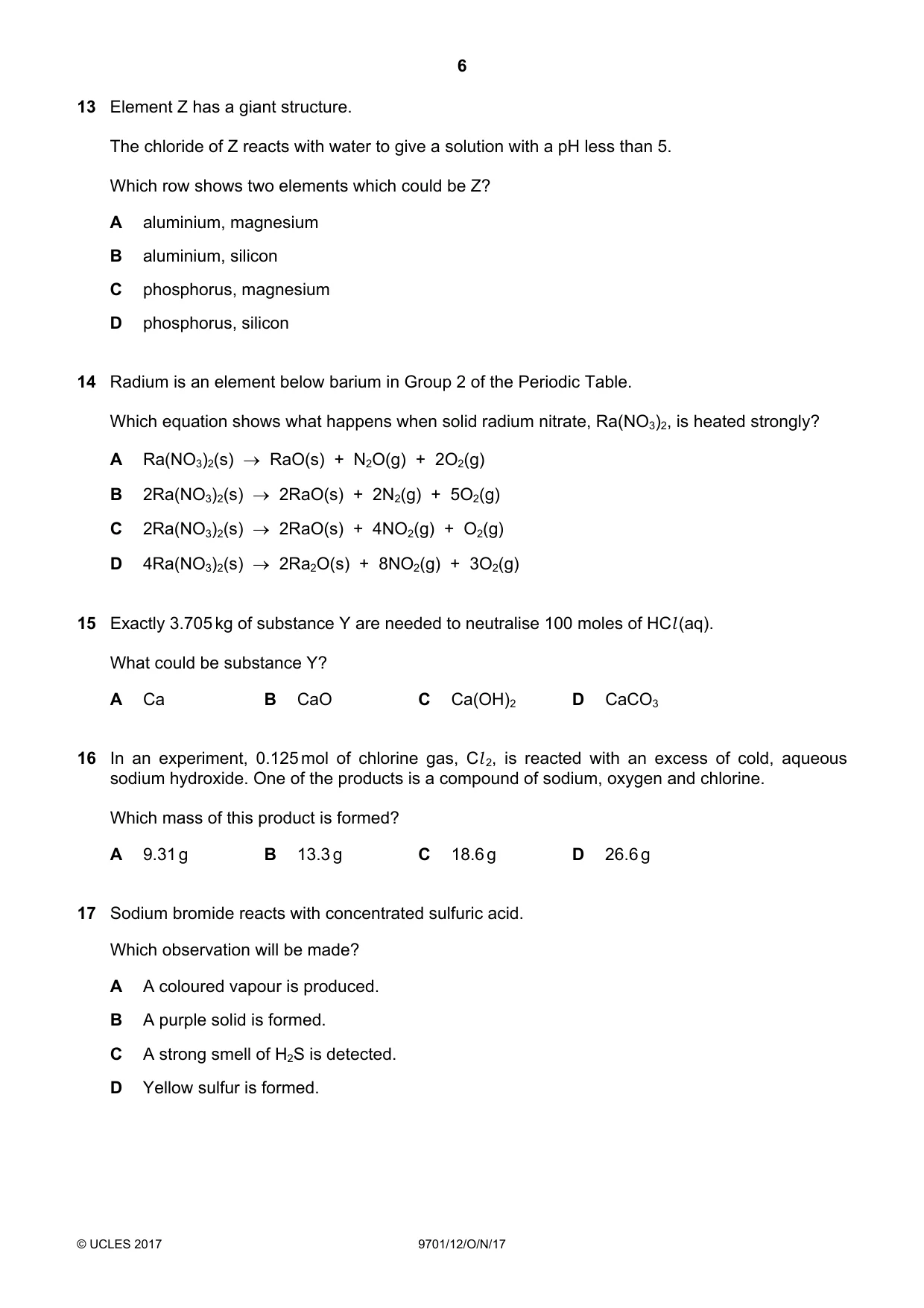 Cambridge A Level Chemistry 9701 2017 Oct/Nov Paper 1 · Variant 2 question paper, page 6 of 16