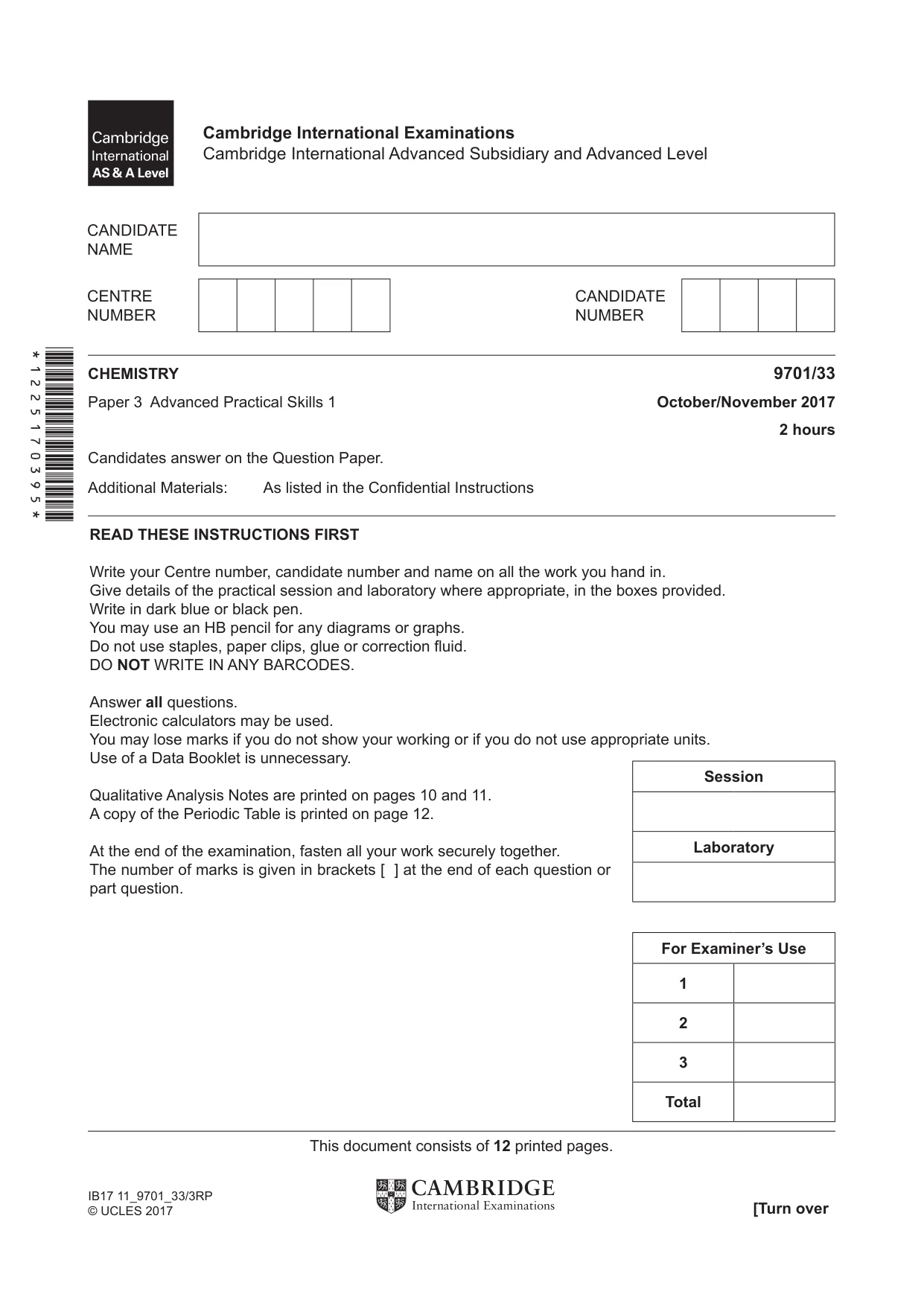 Cambridge A Level Chemistry 9701 2017 Oct/Nov Paper 3 · Variant 3 question paper, page 1 of 12