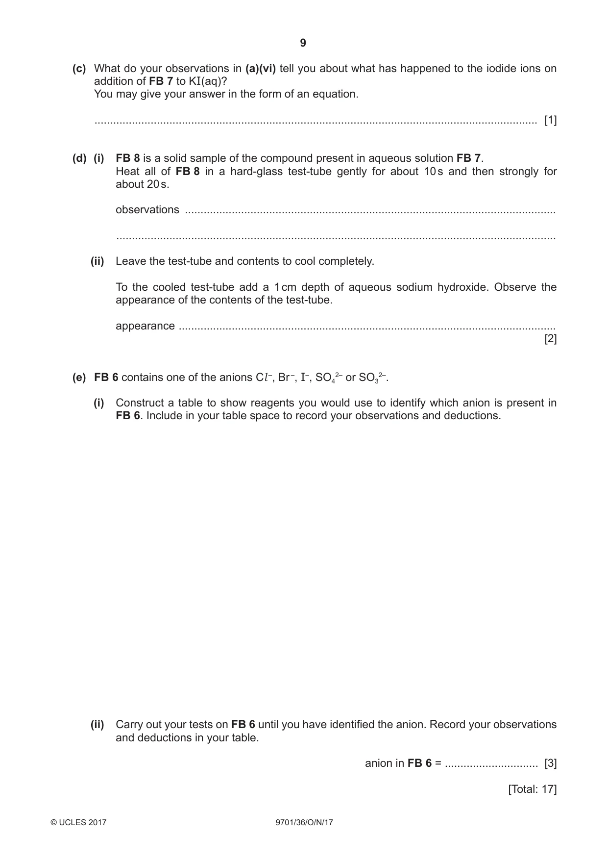 Cambridge A Level Chemistry 9701 2017 Oct/Nov Paper 3 · Variant 6 question paper, page 9 of 12