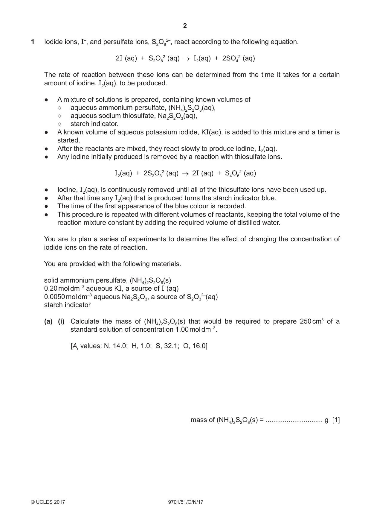 Cambridge A Level Chemistry 9701 2017 Oct/Nov Paper 5 · Variant 1 question paper, page 2 of 12