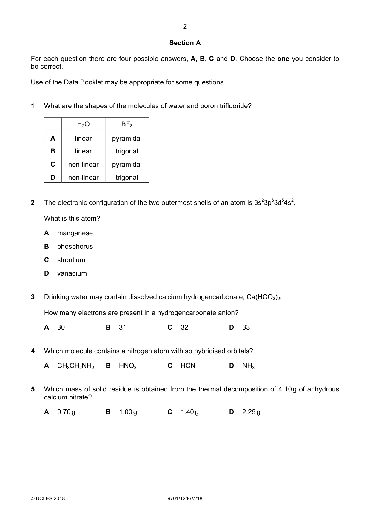 Cambridge A Level Chemistry 9701 2018 Feb/March Paper 1 · Variant 2 question paper, page 2 of 12