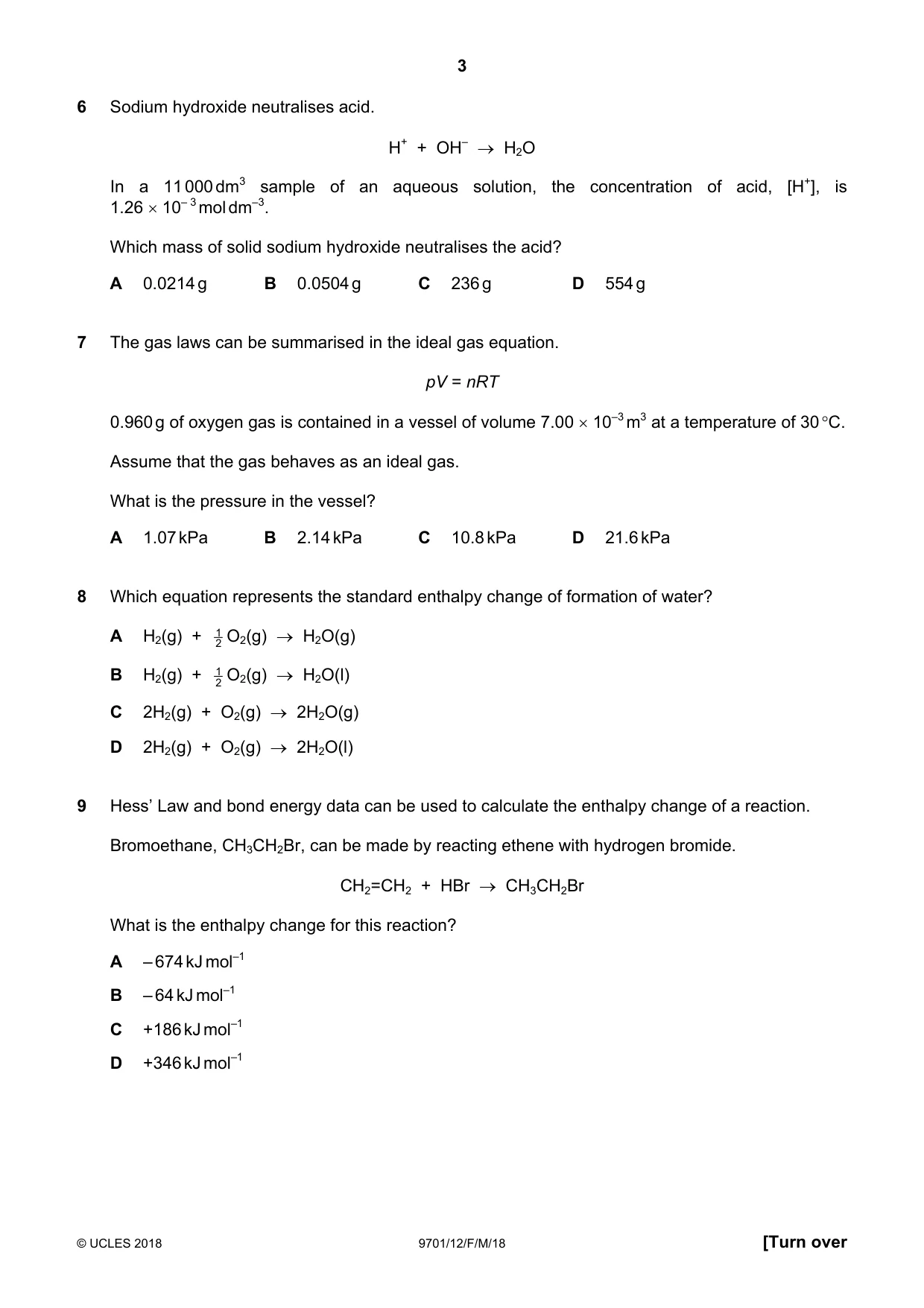 Cambridge A Level Chemistry 9701 2018 Feb/March Paper 1 · Variant 2 question paper, page 3 of 12