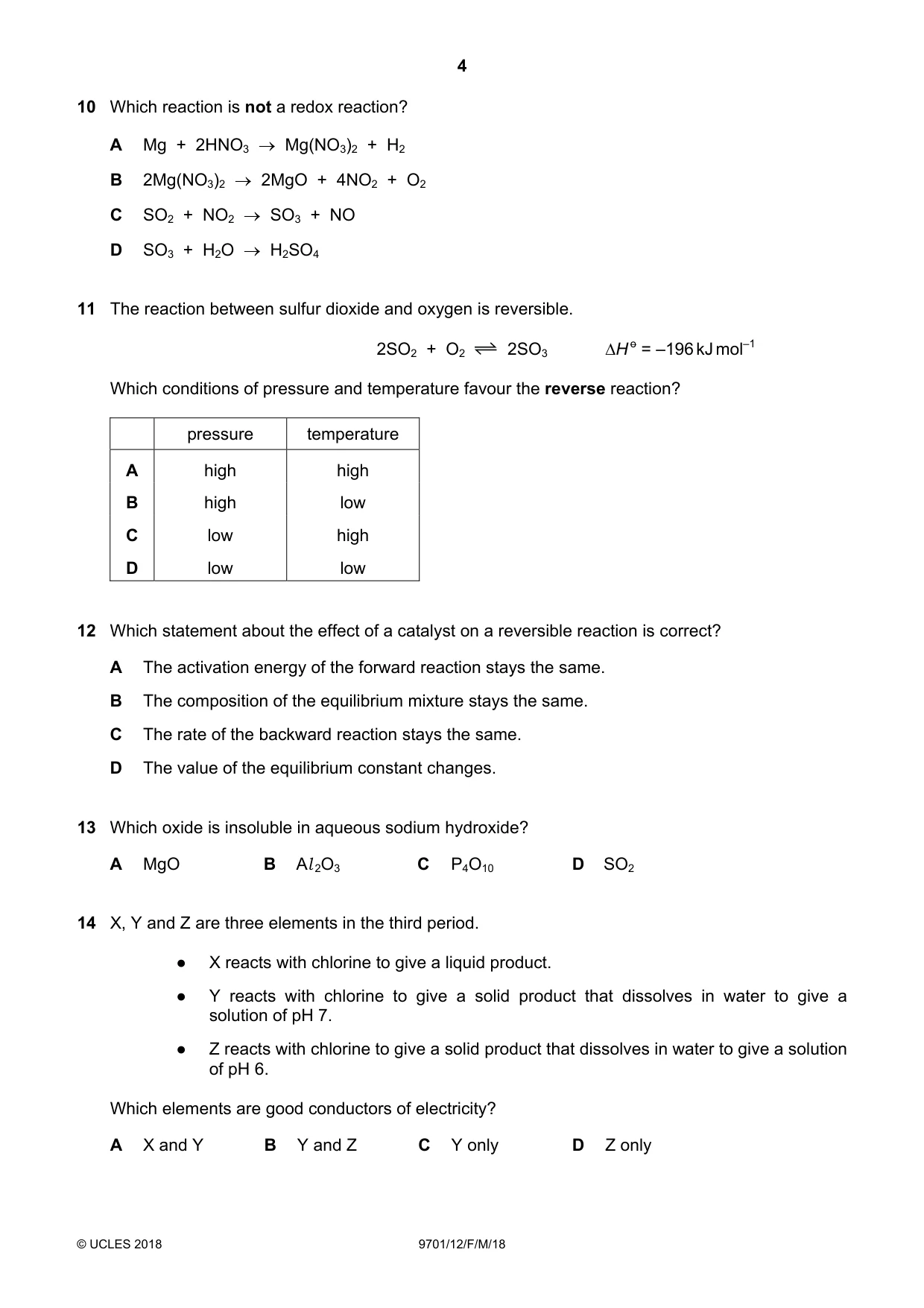 Cambridge A Level Chemistry 9701 2018 Feb/March Paper 1 · Variant 2 question paper, page 4 of 12