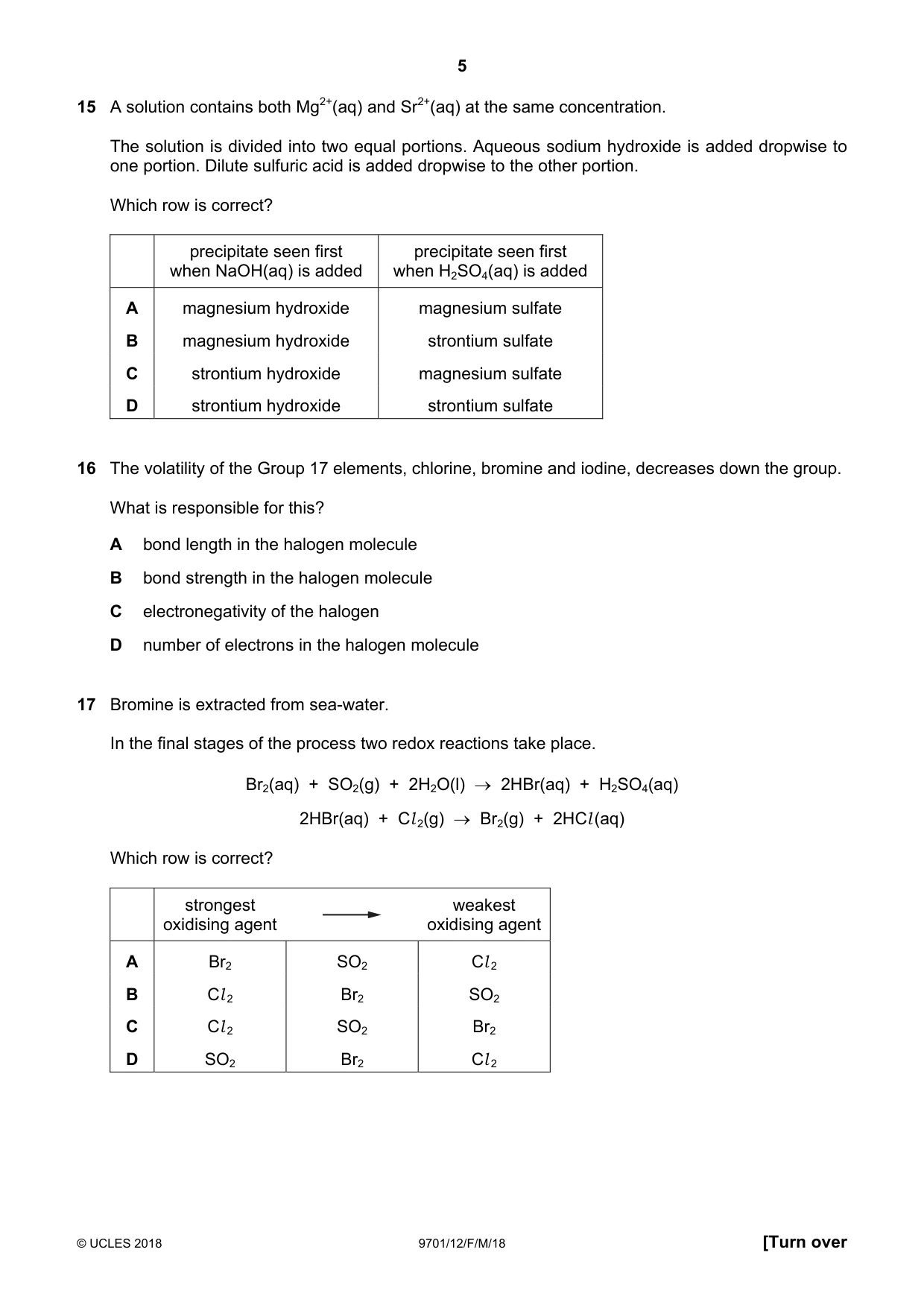 Cambridge A Level Chemistry 9701 2018 Feb/March Paper 1 · Variant 2 question paper, page 5 of 12